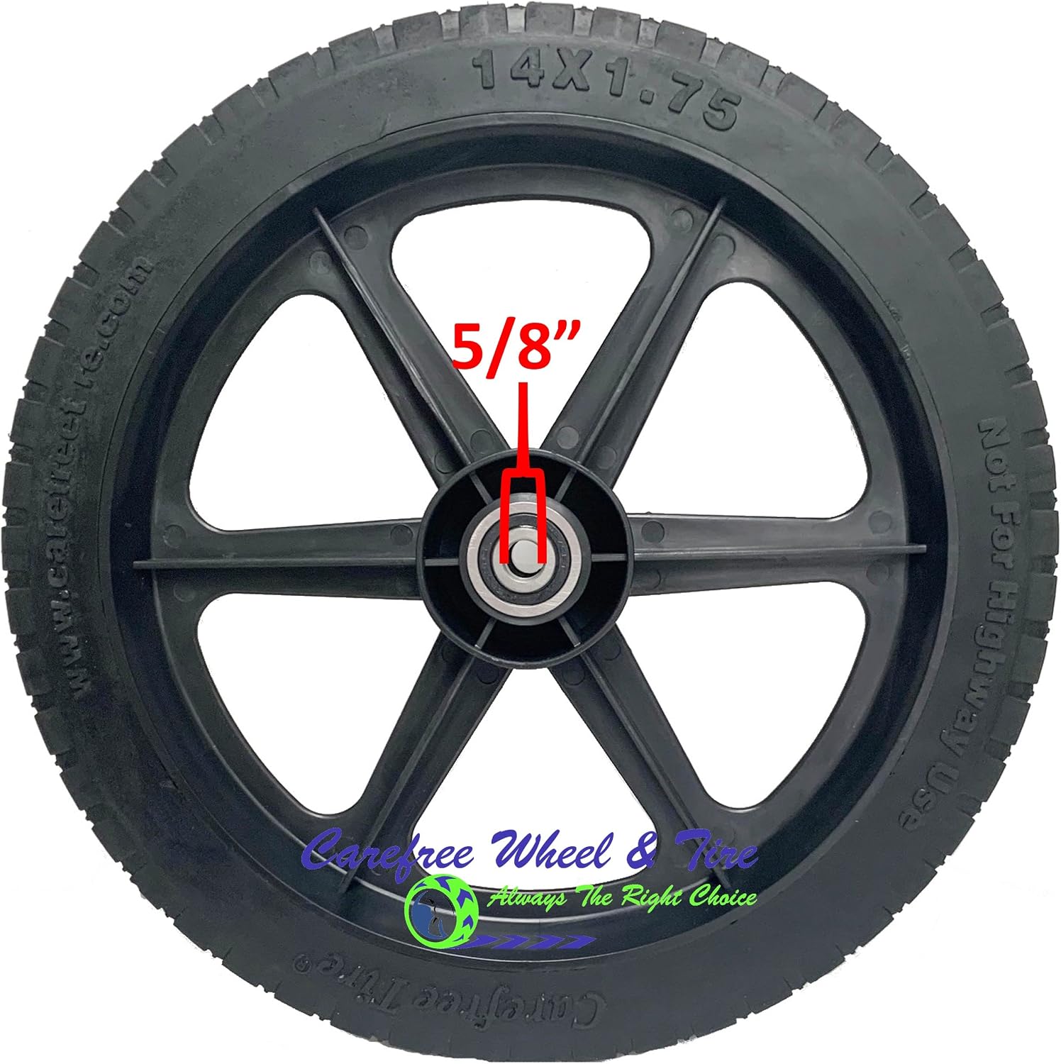 16" x 1.75" Carefree Wheel and Tire Assembly. Bore Options 1/2", 5/8", 3/4" and 1" (16, 5/8" Semi-Precision Bearings)