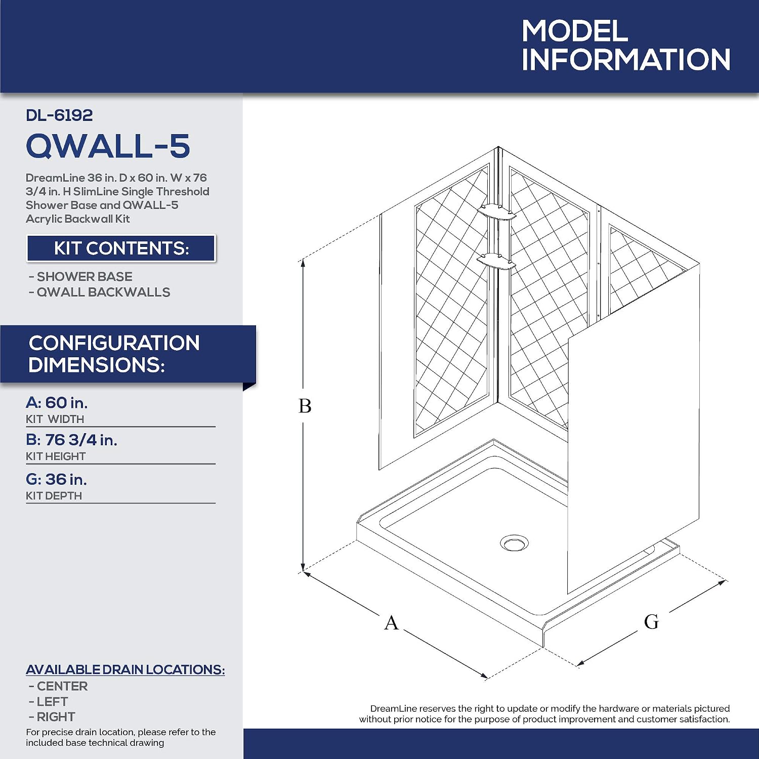 DreamLine 36 in. D x 60 in. W x 76 3/4 in. H Left Drain Acrylic Shower Base and QWALL-5 Backwall Kit In White, DL-6192L-01