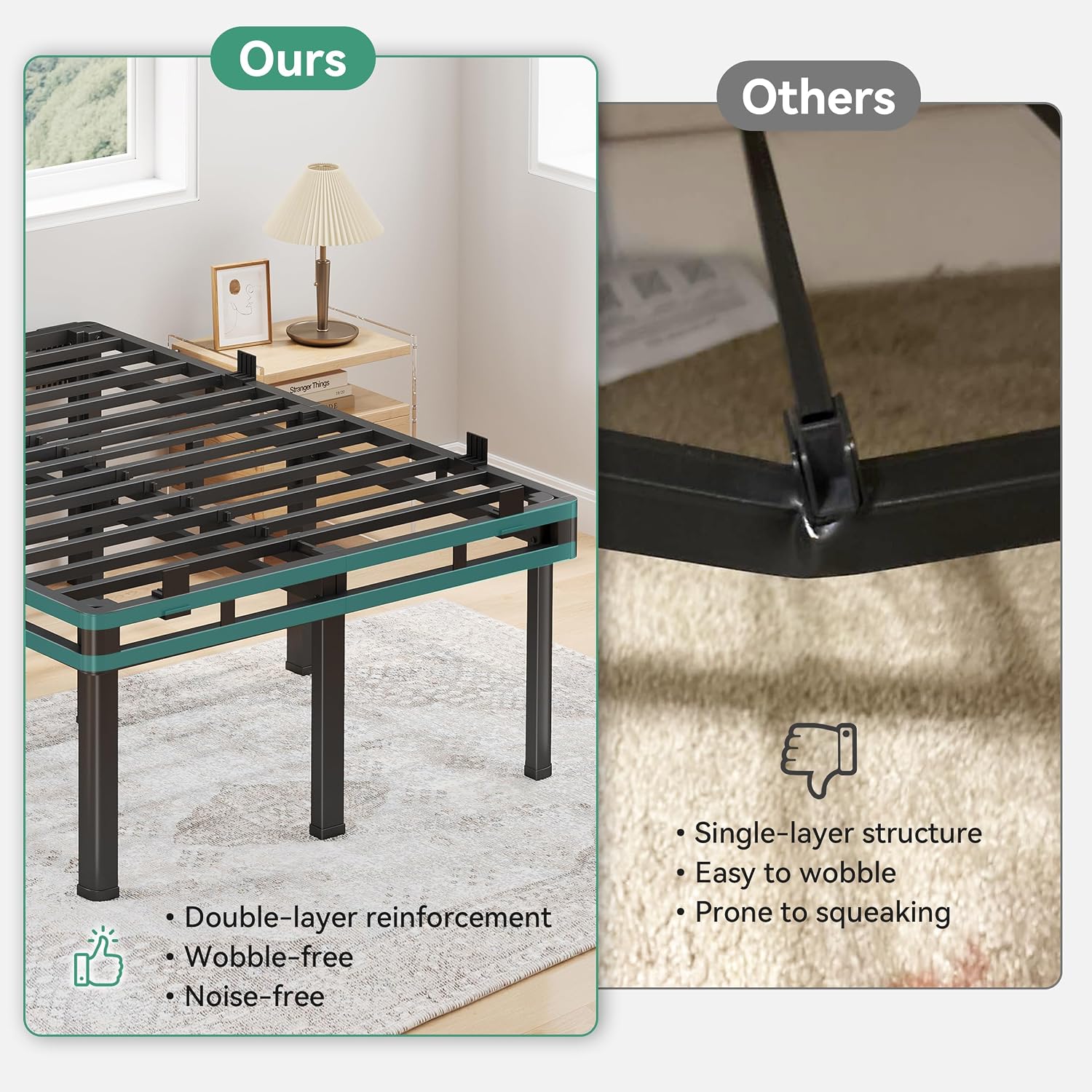 Superay 24 inch HIgh Queen Bed Frame with Rounded Legs, Double Layer Design | Metal Bed Frame & Box Spring 2 in 1 High Platform with Matress Gasket & headboard Adapter, Heavy Duty Support 4000lbs, Black