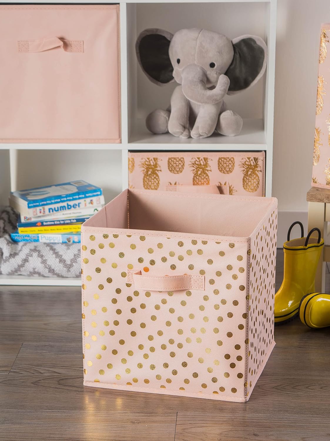 DII Woven Polyester Storage Bin, Polka Dot, White & Gold, Large Set of 2