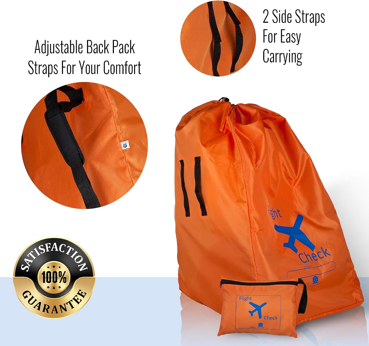 Car Seat Travel Bag and Carrier for Gate Check with Travel Pouch - Bright Orange with Blue Letters for Airport, Airplane Gate Check