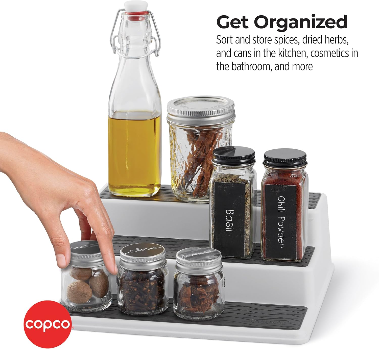 Copco 3-Tier Spice Rack Organizer for Cabinet - 15 Inch Non-Skid Pantry Organizer and Storage Shelf for Spices, Canned Goods, Seasonings - White and Gray Kitchen Cabinet Organizer