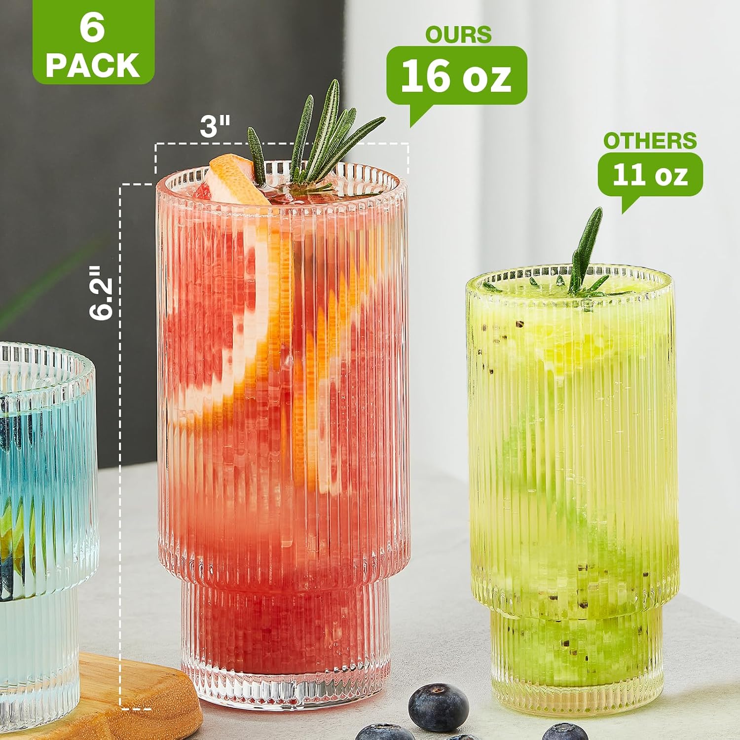 Qipecedm® 6 Pack Ribbed Drinking Glasses, 16 oz Vintage Glass Cups, Highball Glasses, Premium Iced Coffee Glasses, Clear Glass Tumbler