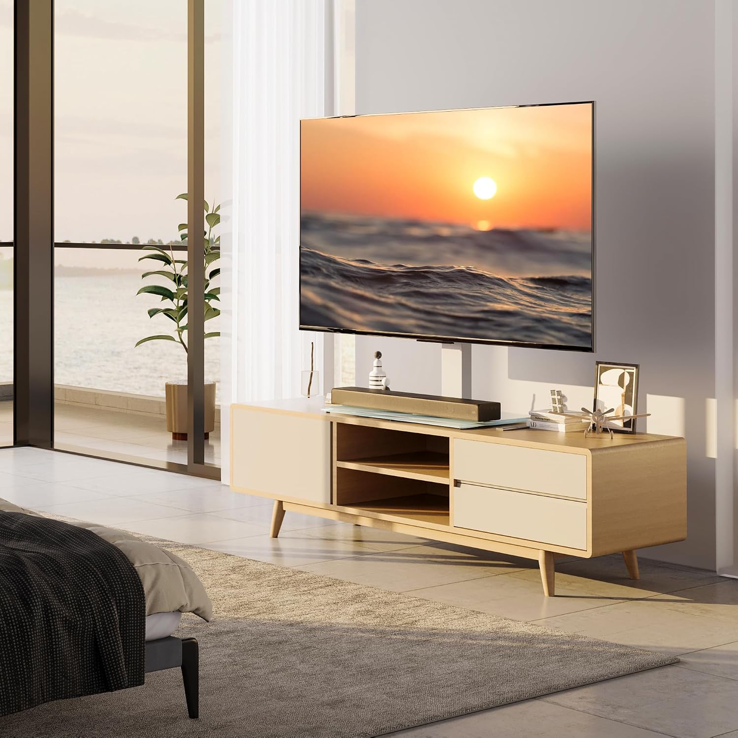 FITUEYES Universal TV Stand with Swivel Mount for 50-85 inch Flat Screens - Height Adjustable Tempered Glass Base Holds up to 143 lbs