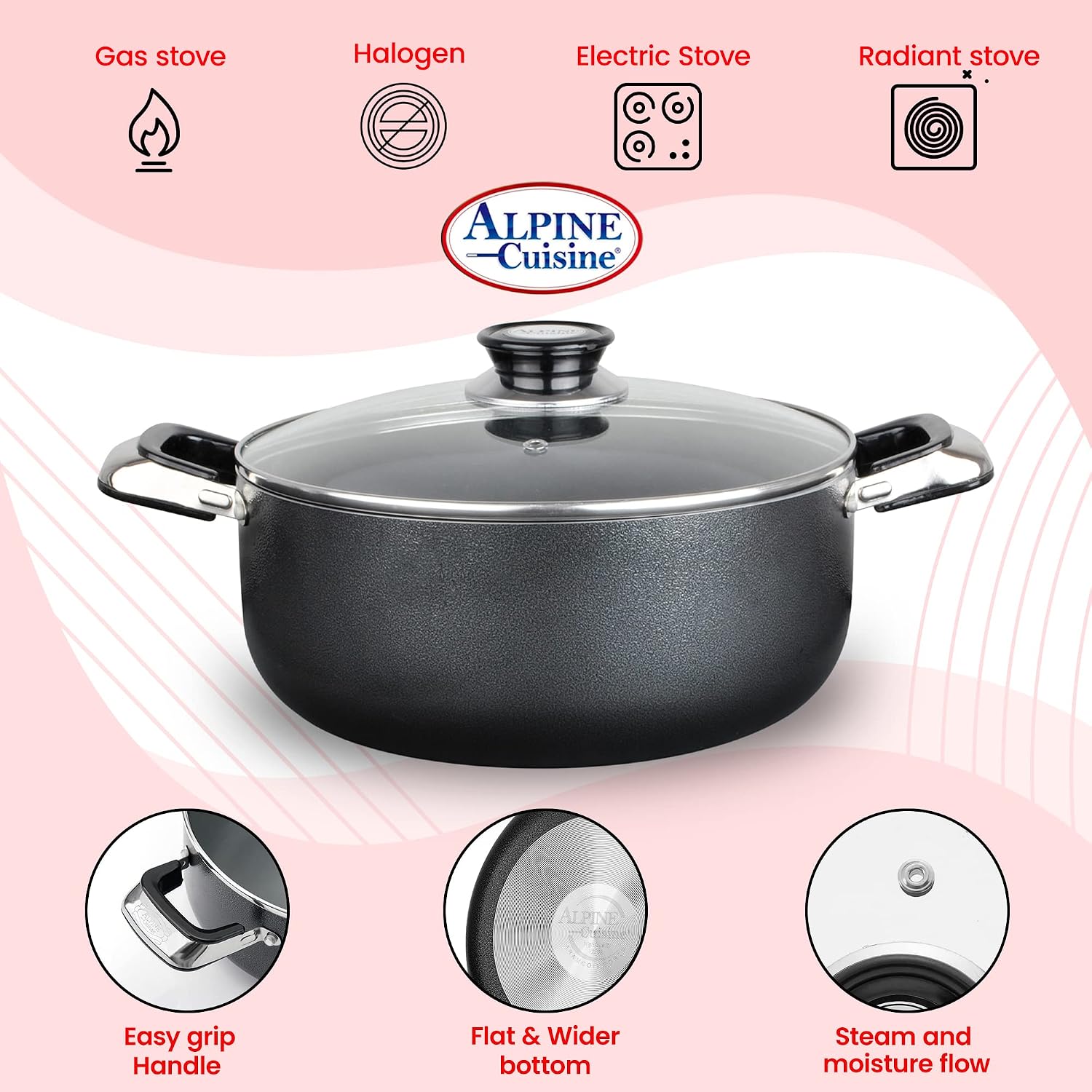 Alpine Cuisine 4 Quart Non-stick Stock Pot with Tempered Glass Lid and Carrying Handles, Multi-Purpose Cookware Aluminum Dutch Oven for Braising, Boiling, Stewing