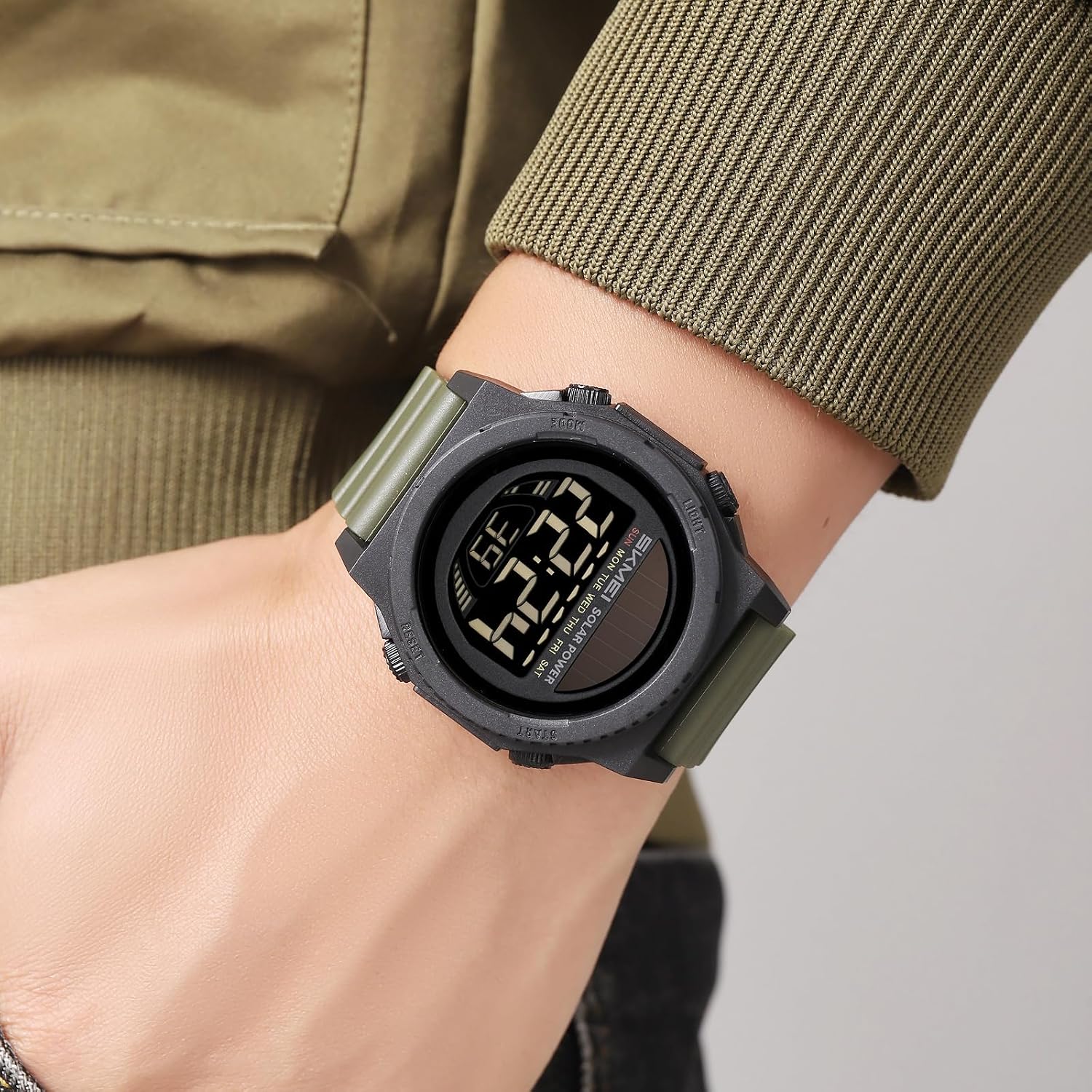 MASTOP Solar Powered Energy Watch for Men Military Digital Multifunctional Led Luminous Indication 2 Time Zone 50m Waterproof Watch Reloj Solar para Hombre
