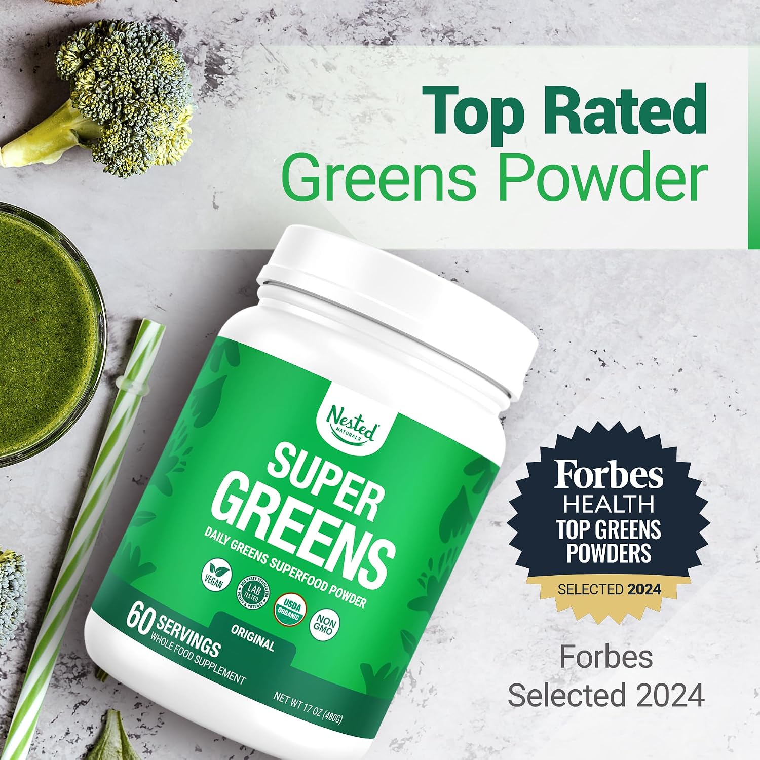 Nested Naturals Super Greens Daily Superfood Powder - Certified USDA Organic Green Powder w/20+ Whole Foods, Spirulina Powder,Wheat & Barley Grass - Probiotics, Fiber & Enzymes - Original Flavour, 30