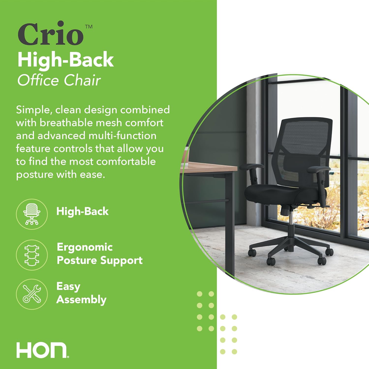 HON Crio Big and Tall Ergonomic Office Chair, Heavy Duty Desk Chair, Black | Big and tall ergonomic office desk chair for desk work, lumbar support, adjustable arms, mesh comfort, 450 lb capacity