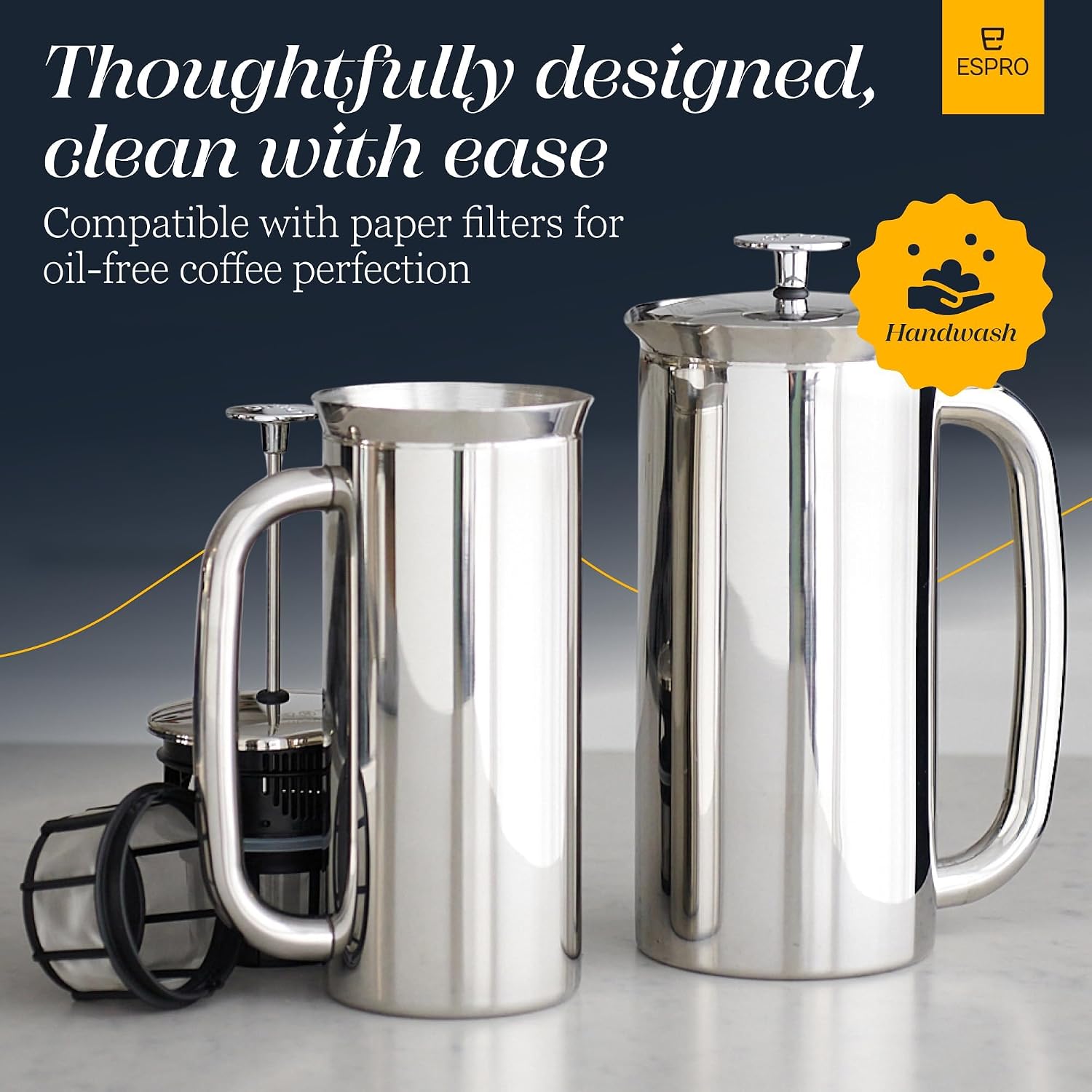 ESPRO P7 French Press, 18oz, Brushed, Stainless Steel Coffee Maker | Double Filter Coffee Press, Grit-Free Coffee, Heat Resistant Insulated tea Press, Easy Hot and Cold Coffee Brewer, Tea Brewer