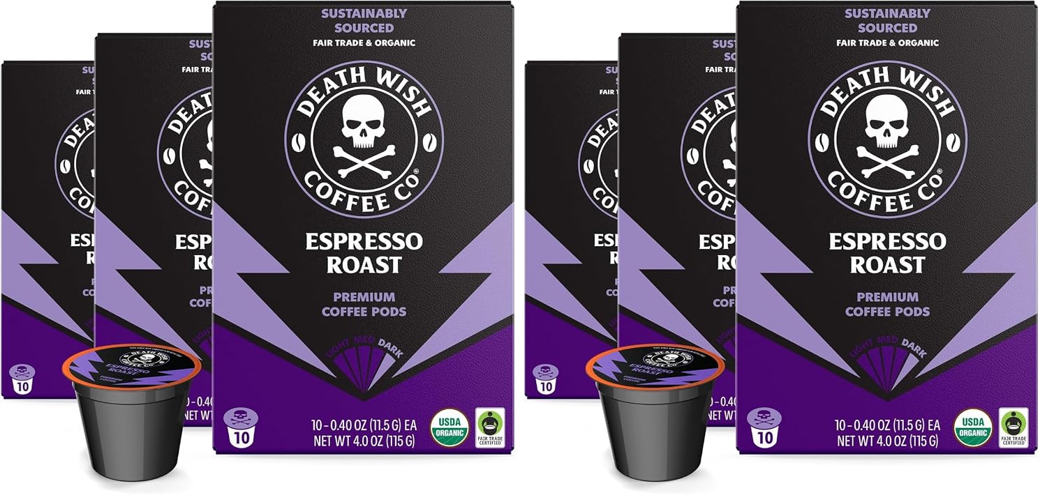 Death Wish Coffee Dark Roast Single Serve Coffee Pods, Organic, 50 Count | Fair Trade Arabica & Robusta, Baker's Chocolate & Cherry Notes, Low Acidity, Heavy Smooth Body, Bold & Intense