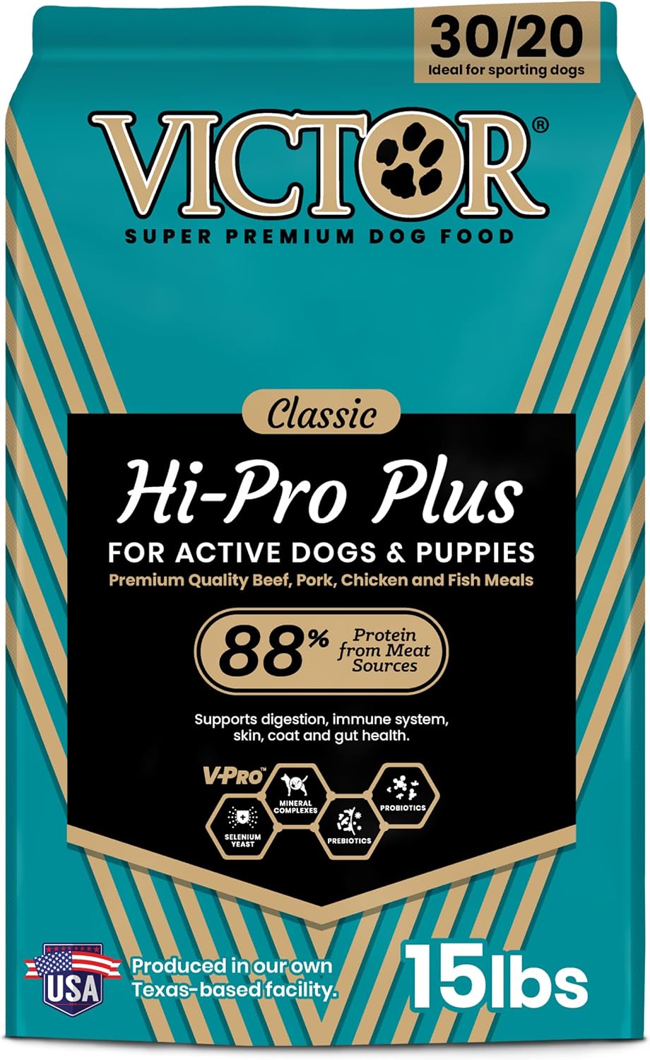 VICTOR Hi-Pro Plus Dry Dog Food - High Protein Gluten Free Dry Kibble, 5lb | Super Premium Dog Food, 30% Protein, Beef, Chicken, Pork and Fish Meals, For High Energy & Active Dogs & Puppies, 5lbs