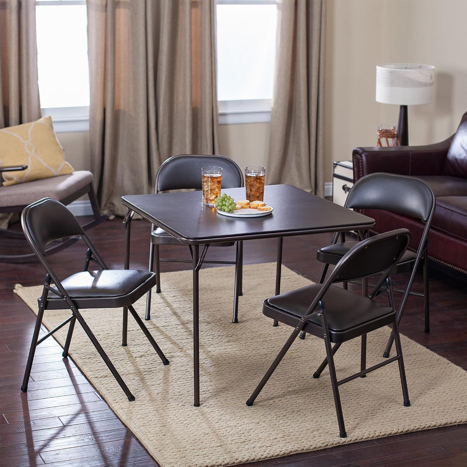 Sudden Comfort 34 by 34 Inch Portable EZ Slide Leg Lock Square Metal Padded Vinyl Top Folding Dining Card Table in Buff Tan