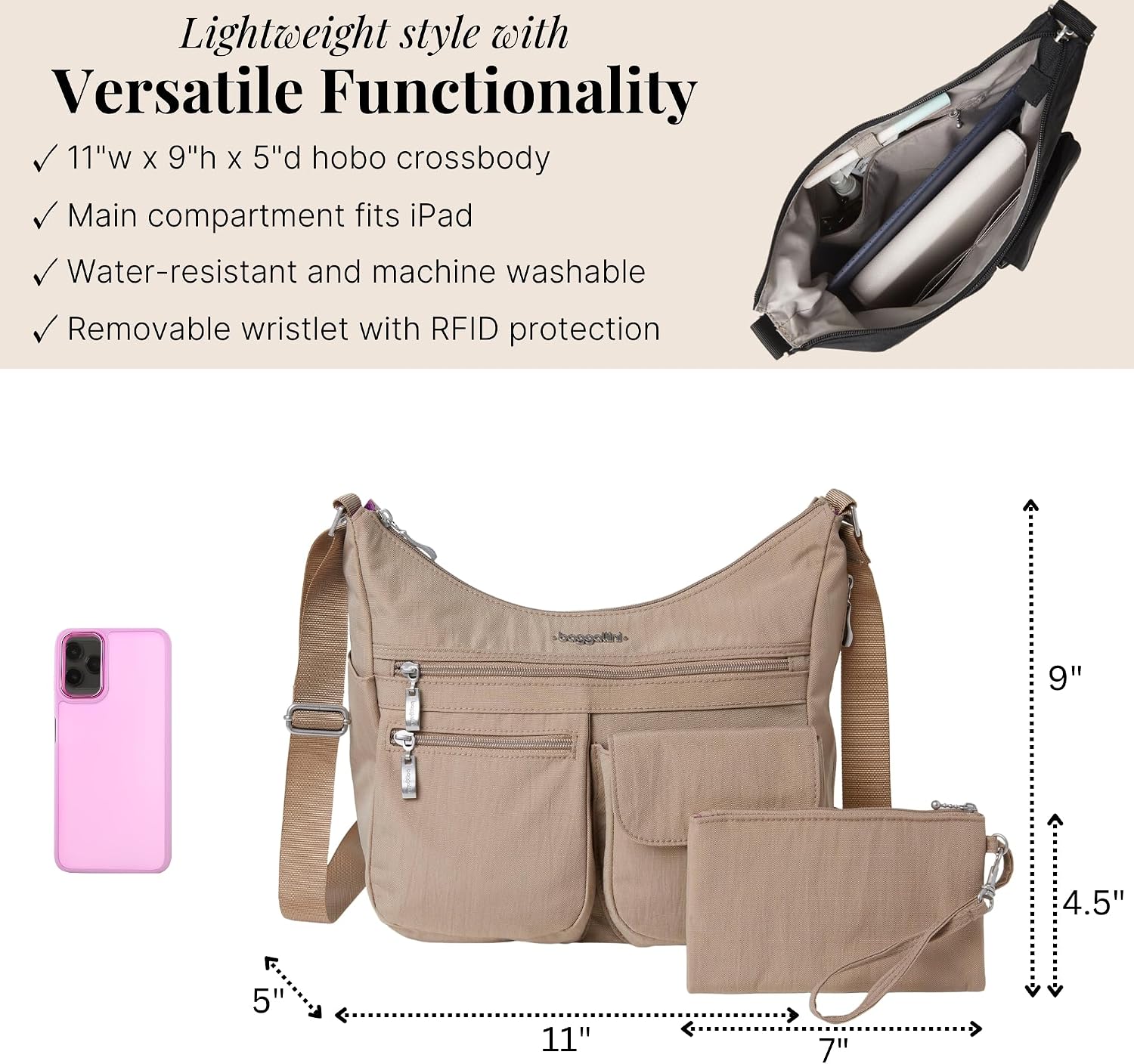 Baggallini womens Everywhere Bagg Crossbody Women 11x9 Lightweight Nylon Hobo Water-resistant Travel Bag W/Rfid