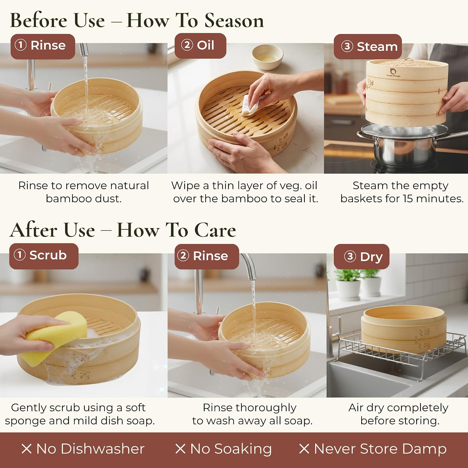 HAPPI STUDIO Bamboo Steamer Basket 10 Inch, Extra Deep Dumpling Steamer Set