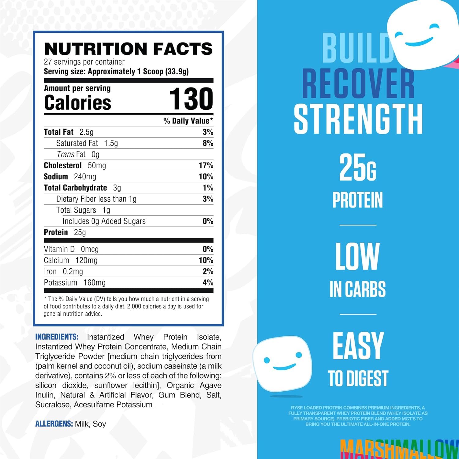 RYSE Loaded Protein Powder - Peanut Butter Cup - 25g Whey Protein Isolate & Concentrate with Prebiotic Fiber & MCTs - Low Carb, Low Sugar