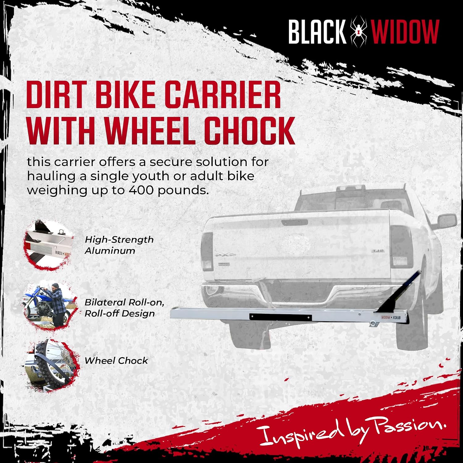 Black Widow Aluminum Dirt Bike Hitch Carrier with Ramp, 400 lb Capacity | Non-Folding Motorcycle, eBike & Fat Tire Bike Hauler for Truck & SUV, Fits 2-Inch Class III/IV Hitch Receiver