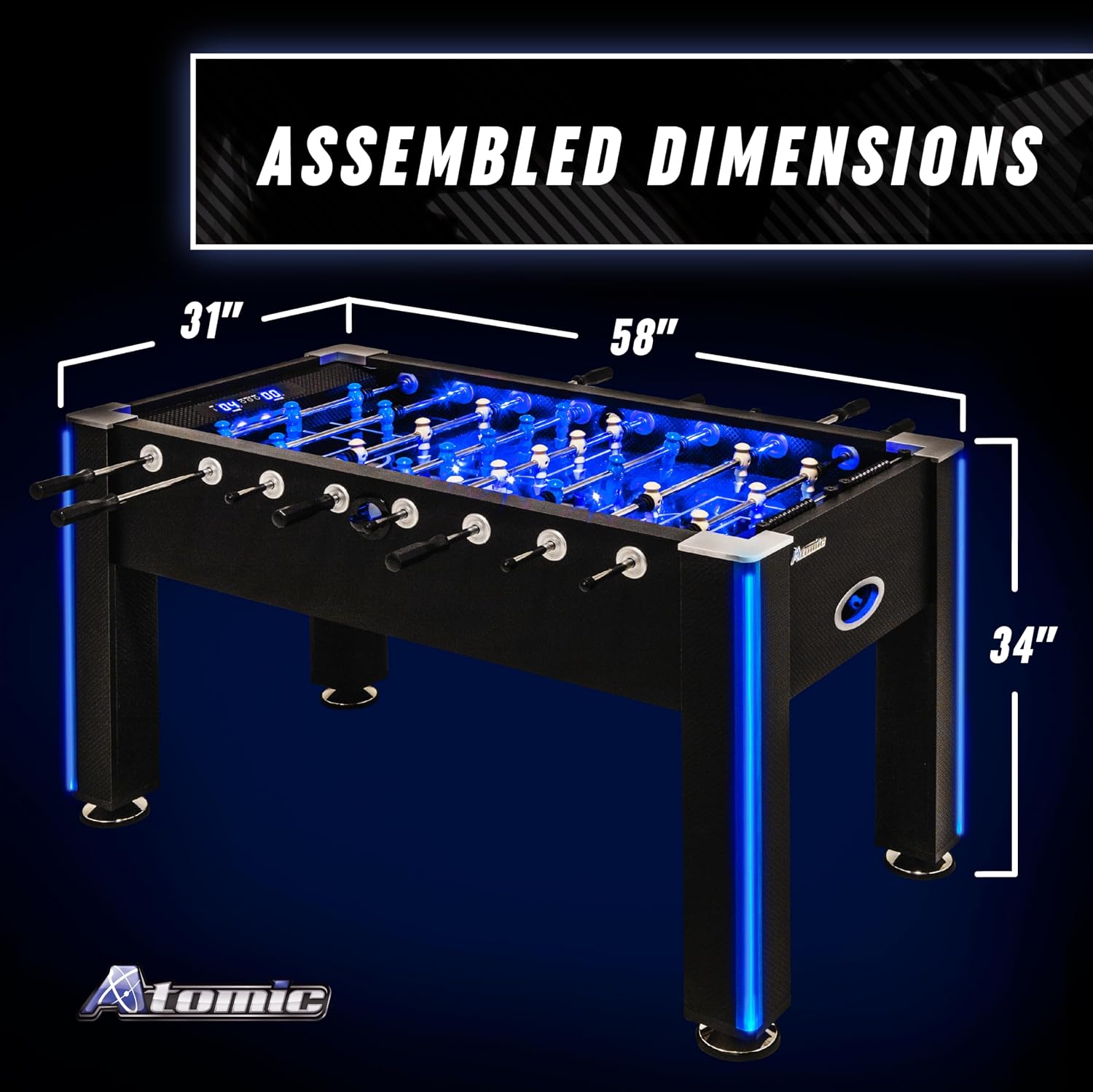 Atomic Azure LED Foosball Table – Light Up Arcade Style Table with In-Rail LED Lighting, Music, Electronic Scoring, Glow Foosball
