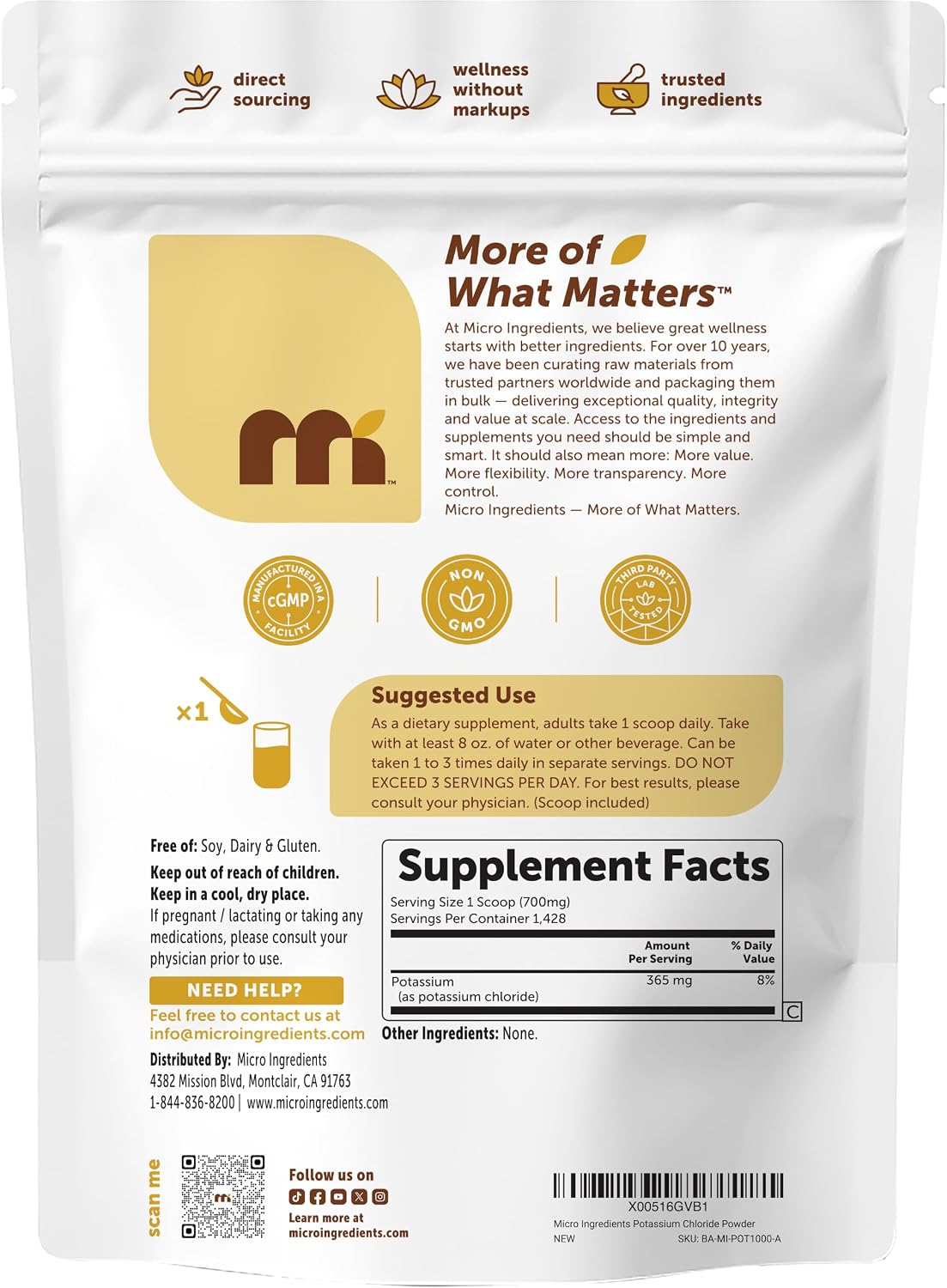 Micro Ingredients Potassium Chloride, 2.2 lb Powder | Salt Substitute | Essential Electrolyte Supplement | Filler Free
