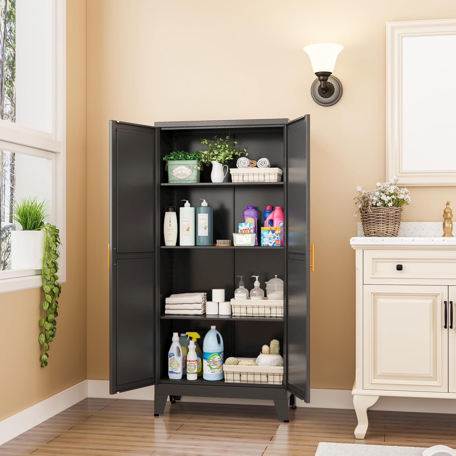 GAIOUS 75.2" Tall Metal Kitchen Pantry Storage Cabinets with 2 Door and 5 Adjustable Shelves, Cupboard for Kitchen, Dining Room, Living Room and Bathroom, White
