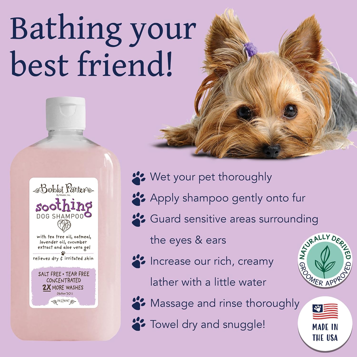 Bobbi Panter Soothing Dog Shampoo Tea Tree, Lavender, Cucumber & Oat Protein – Natural Formula for Sensitive Skin & Irritation Relief, Tear-Free, 30:1 Concentrate, Made in USA, 14 oz