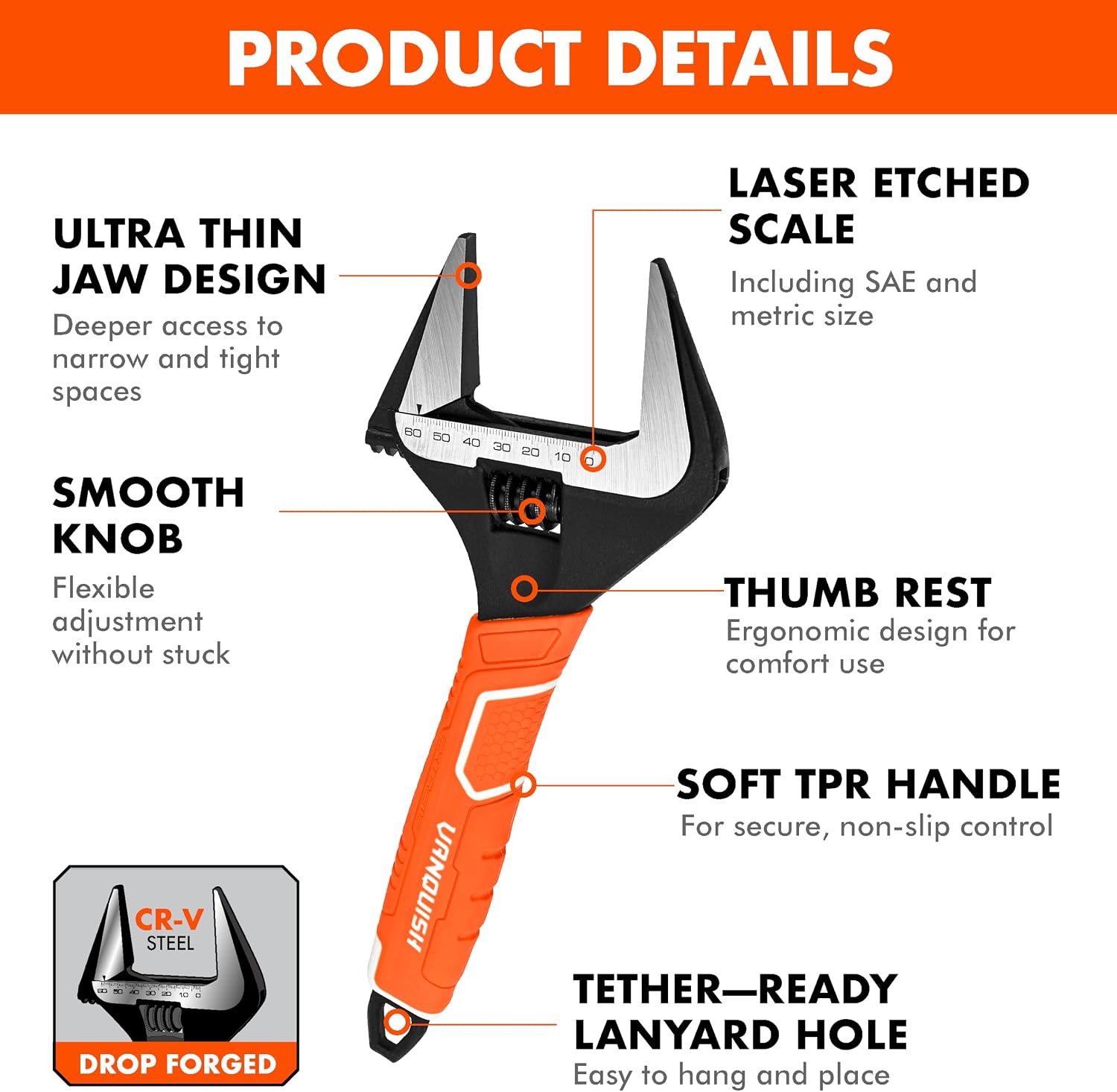 VANQUISH 12 Inch Adjustable Wrench, 2-3/8” Wide Jaw Opening Plumbing Wrench, CR-V Steel, SAE and Metric Scale Marked, With Comfort Grip Handle and Hanging Hole (3154)