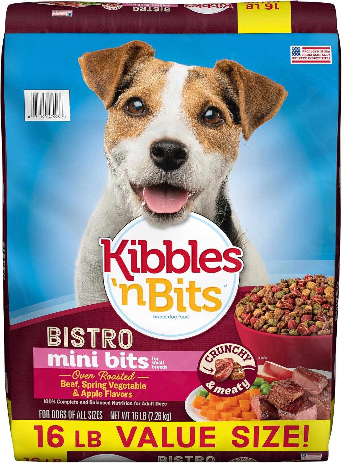 Kibbles 'n Bits Bistro Mini Bits Small Breed Dry Dog Food, Oven Roasted Beef, Spring Vegetable & Apple Flavors for Adult Dogs, 16 lb. Bag | Complete & Balanced Nutrition Formulated For Small Adult Dogs Crafted With Beef, Spring Vegetable & Apple Flavors