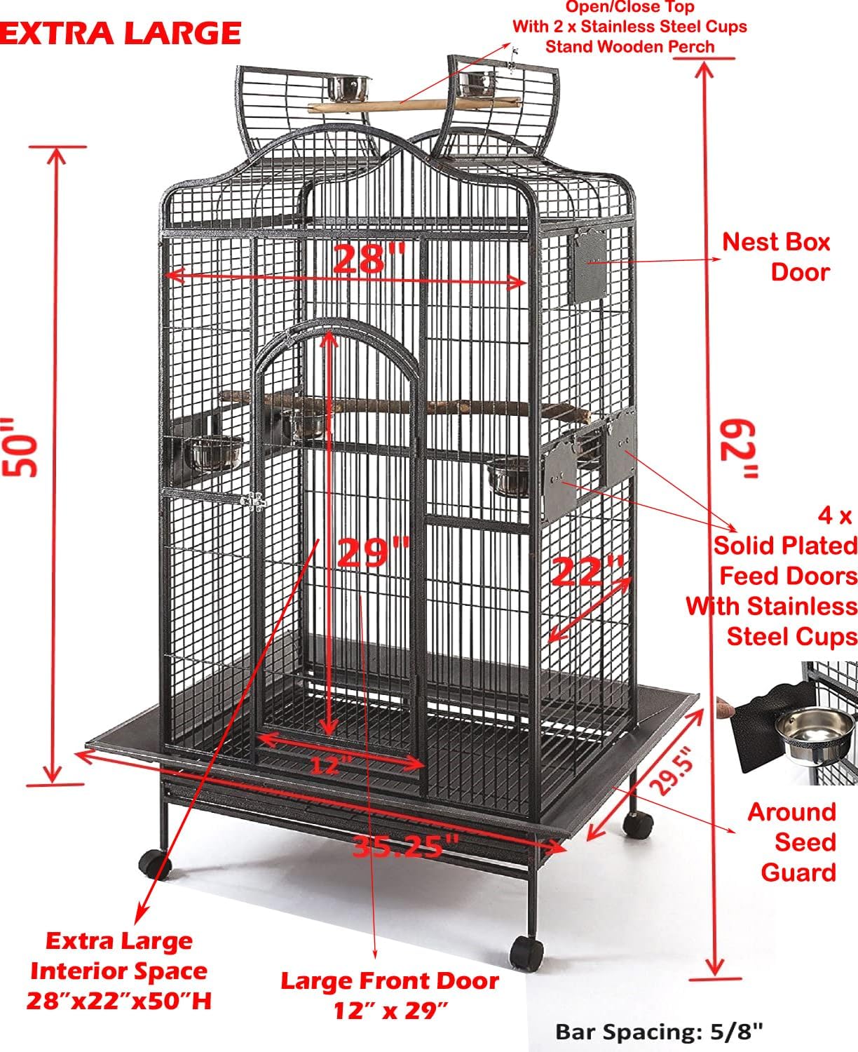 Extra Large Wrought Iron Open/Close Play Top Bird Parrot Cage, Include Metal Seed Guard Solid Metal Feeder Nest Doors Overall Dimensions: 35.25" Wx29.5"x62"H(with Seed Skirt)