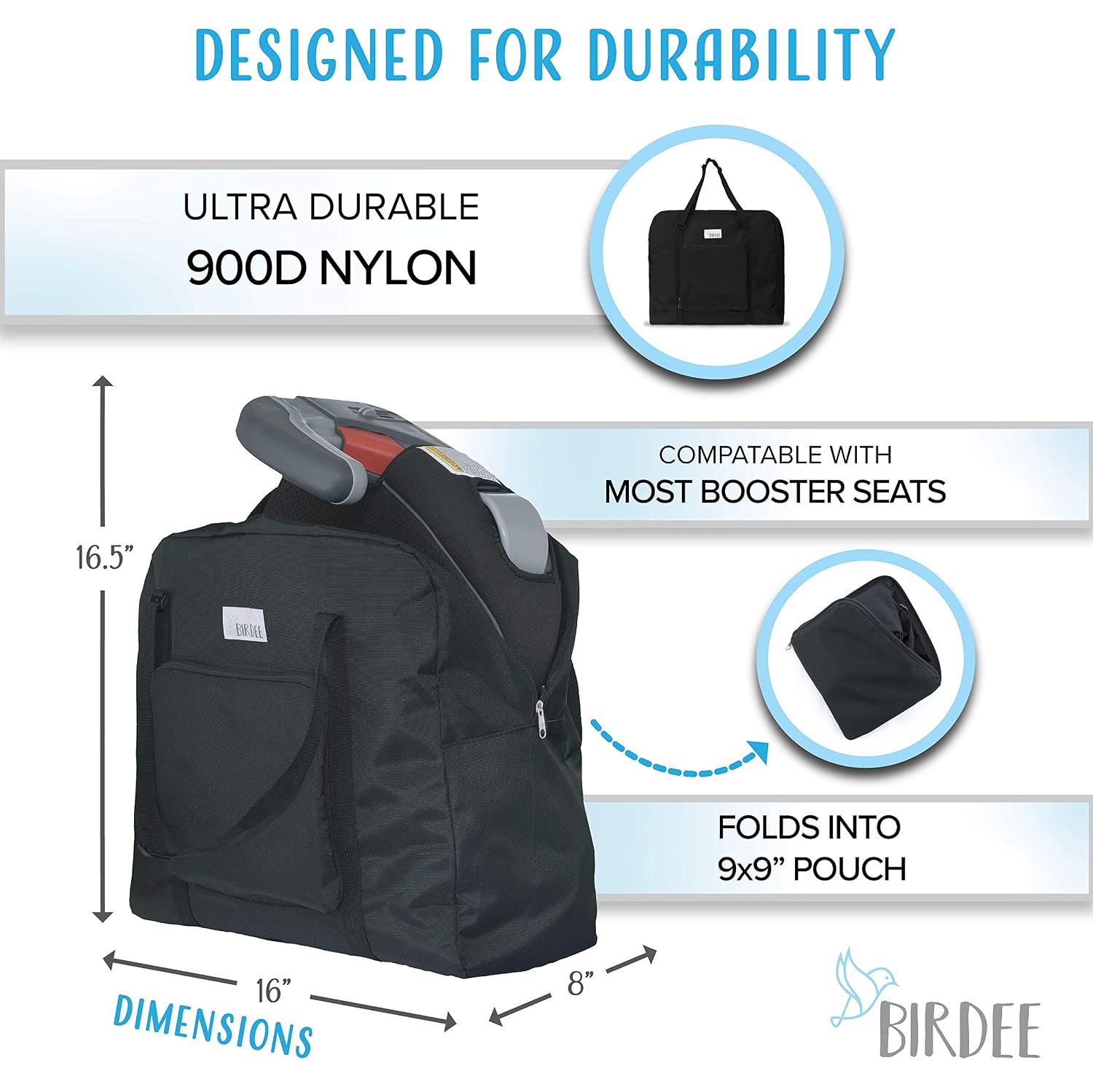 Birdee Durable Backless Booster Seat Travel Bag for Airplane Gate Check and Carrier for Travel - Fits GB Pockit and Most Lightweight Compact Folding