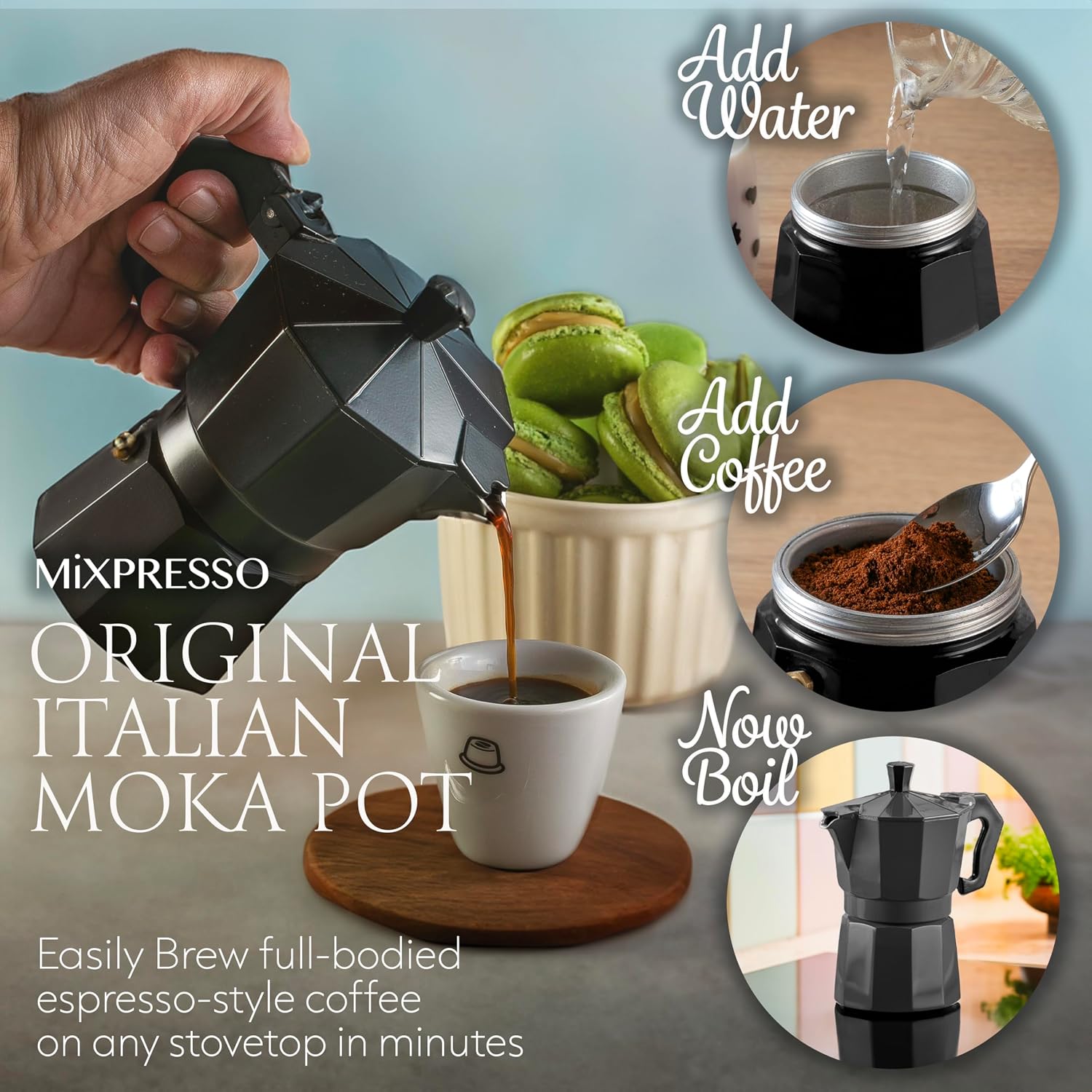 Mixpresso 3 Cup Moka Pot Stovetop Espresso Maker, Italian Cuban Coffee Pot