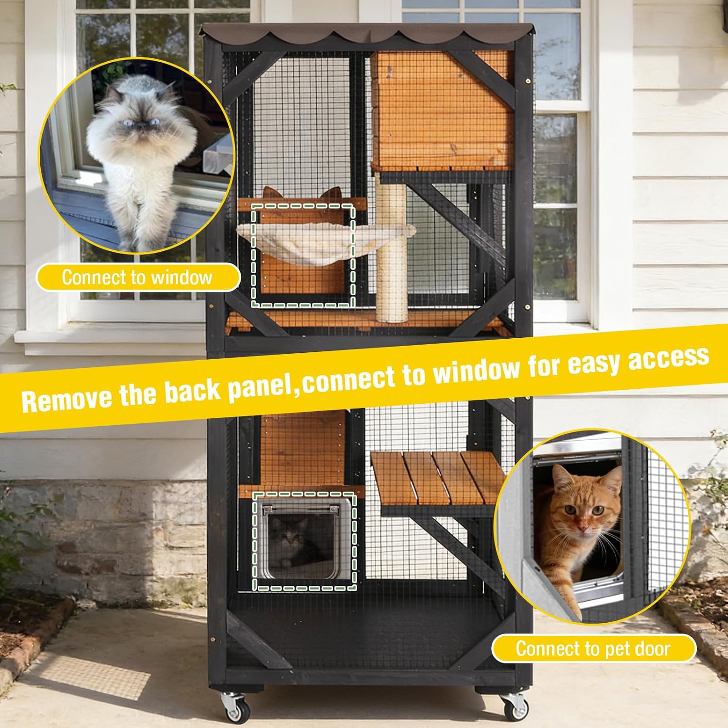 Aivituvin Cat House Outdoor Cat Catio Wooden Large Enclosure with Run on Wheels 70.9" Upgraded Version Catio with Reinforcement Strip