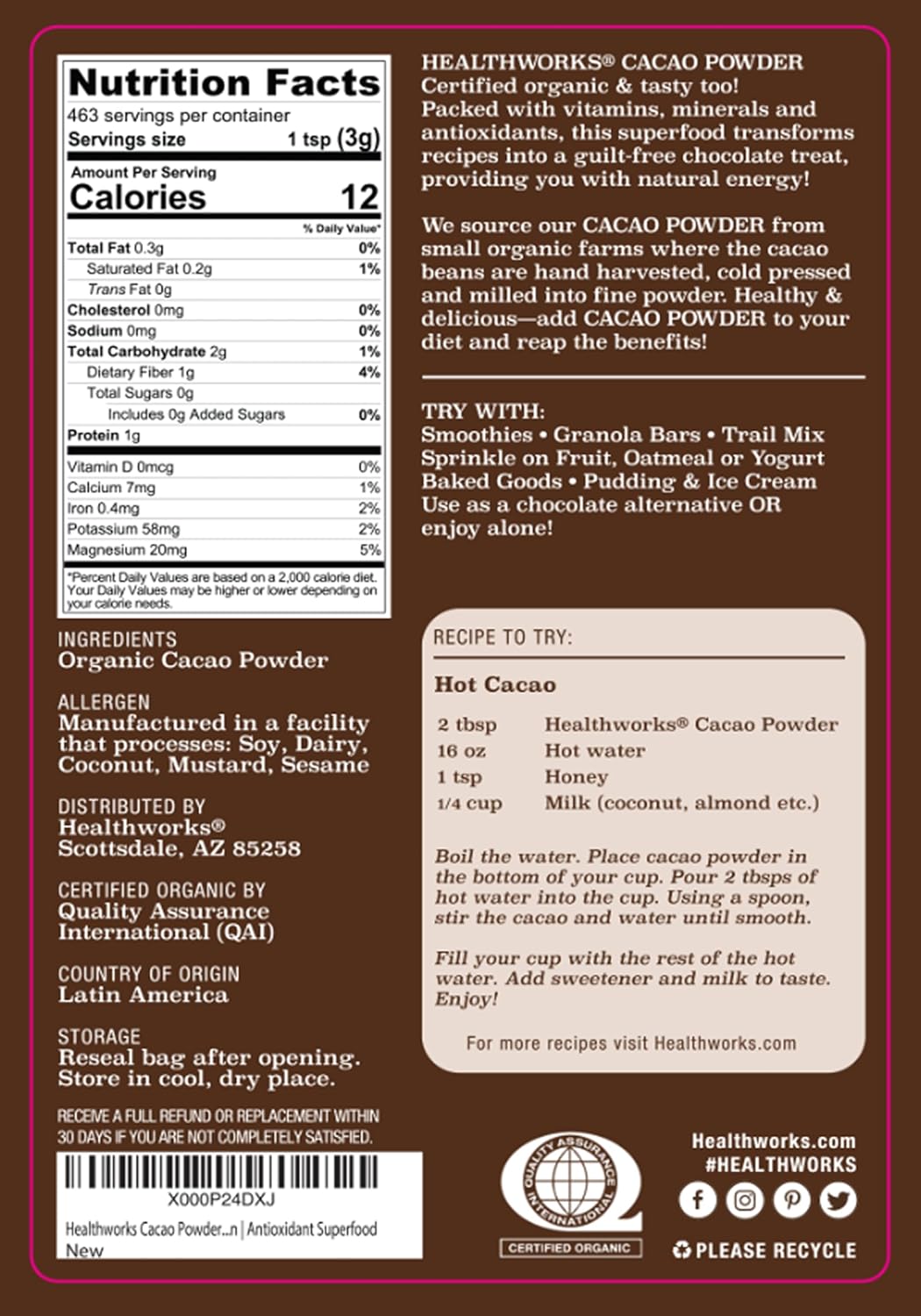 Healthworks Superfoods Organic Cacao Powder 1 lb Unsweetened Vegan Non-GMO | Organic, Unsweetened, Antioxidant, Magnesium, Non-GMO, Vegan, Keto, For Baking, For Smoothies, For Hot Chocolate, Paleo