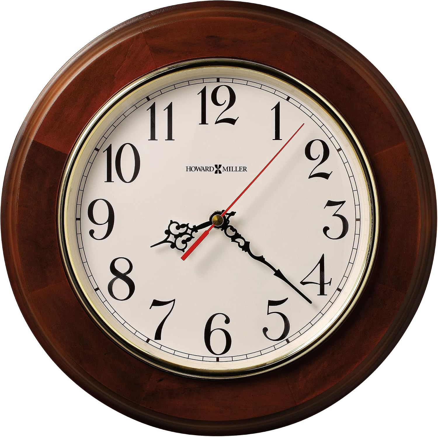Howard Miller Brentwood Wall Clock – Wood Finish, Brass Bezel, Silent Quartz Movement, Round, Battery Operated, Home or Office Decor