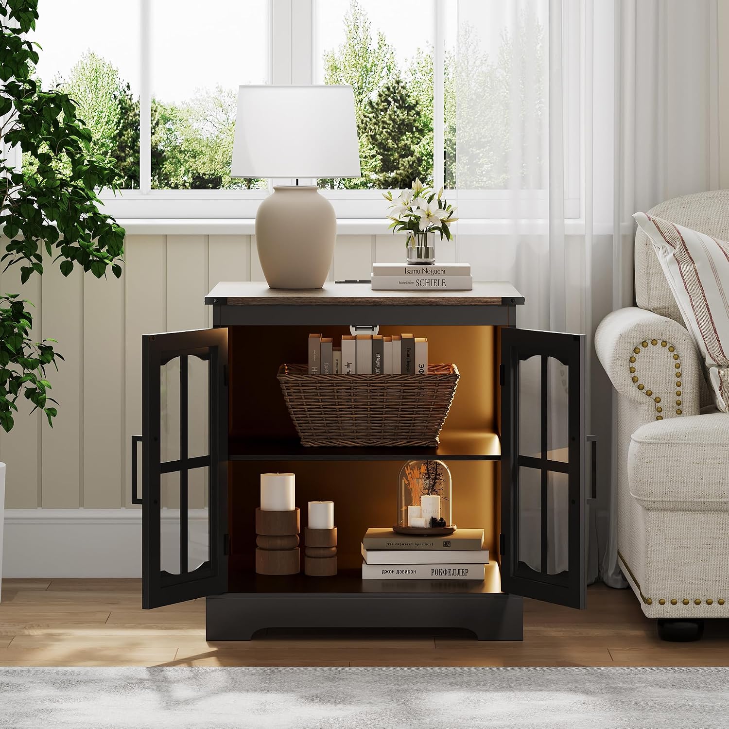 ChooChoo Farmhouse End Table with Charging Station & LED Light | Large Sofa Side Table, Rustic Square Nightstand, Glass Barn Door, Bedside Table, Storage, Living Room, Black