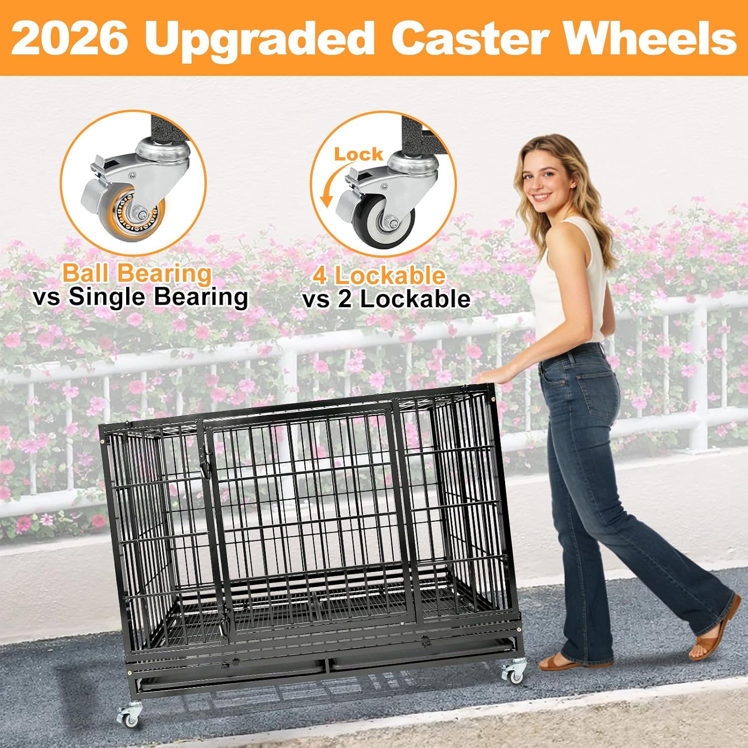 Homey Pet Taller 43" Heavy Duty Double Dog Crates with Divider & Dual Door | Drop Cage for Dogs with Lockable Wheels, Bowls, Removable Tray, Top Access, Ideal for Small to Medium & Large Dogs, Breeders