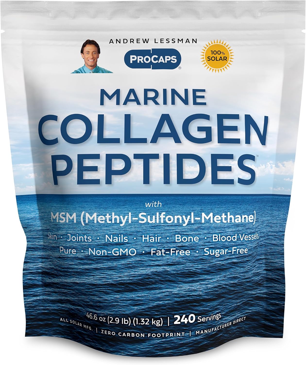 Andrew Lessman ProCaps Marine Collagen with MSM Powder 30 Servings | Marine Collagen with MSM supports healthy skin, joints, bones, hair and nails in a pure, unflavored, super-soluble powder.