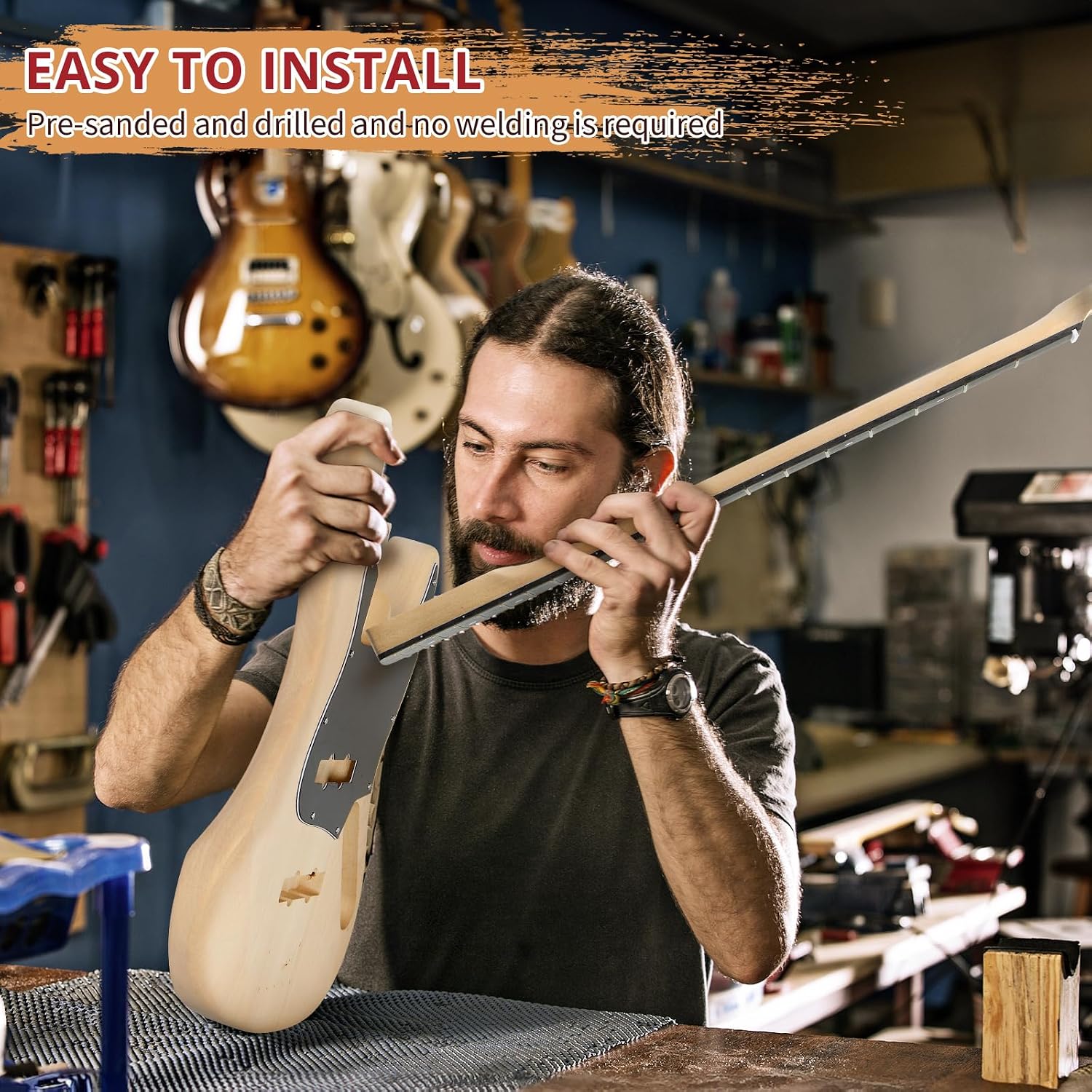 Ktaxon DIY Electric Guitar Kit, 44Inch DIY Bass Guitar Kit (KIB) | Mahogany Body, Solid Wood Fingerboard and Maple Neck, Easy Installation & All Accessories Included to Build Your Own Guitar