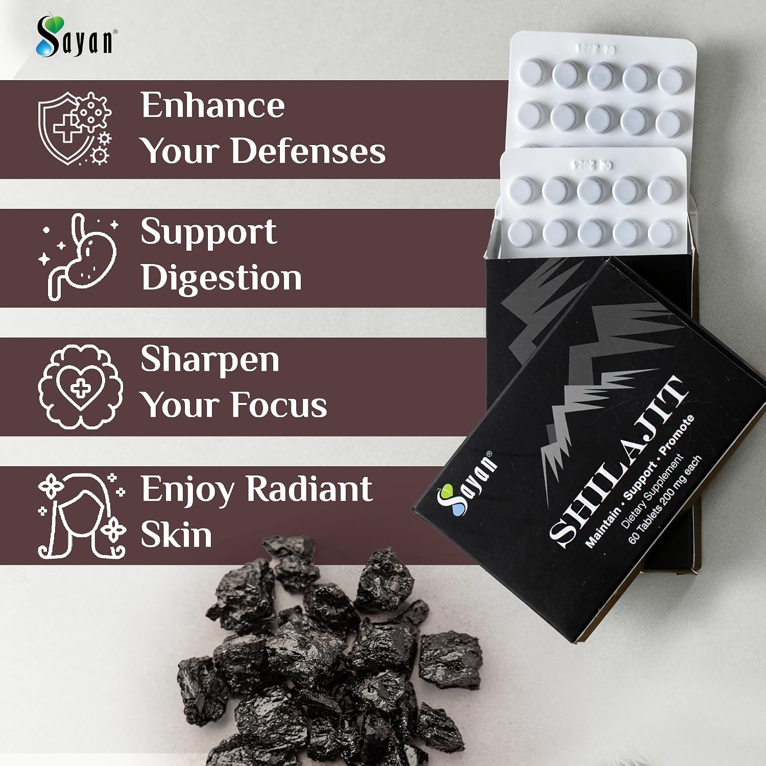 Shilajit Tablets 60 Count for Men and Women, 200mg Fulvic Acid | 85+ trace minerals, lab-tested, more effective than resin and capsules