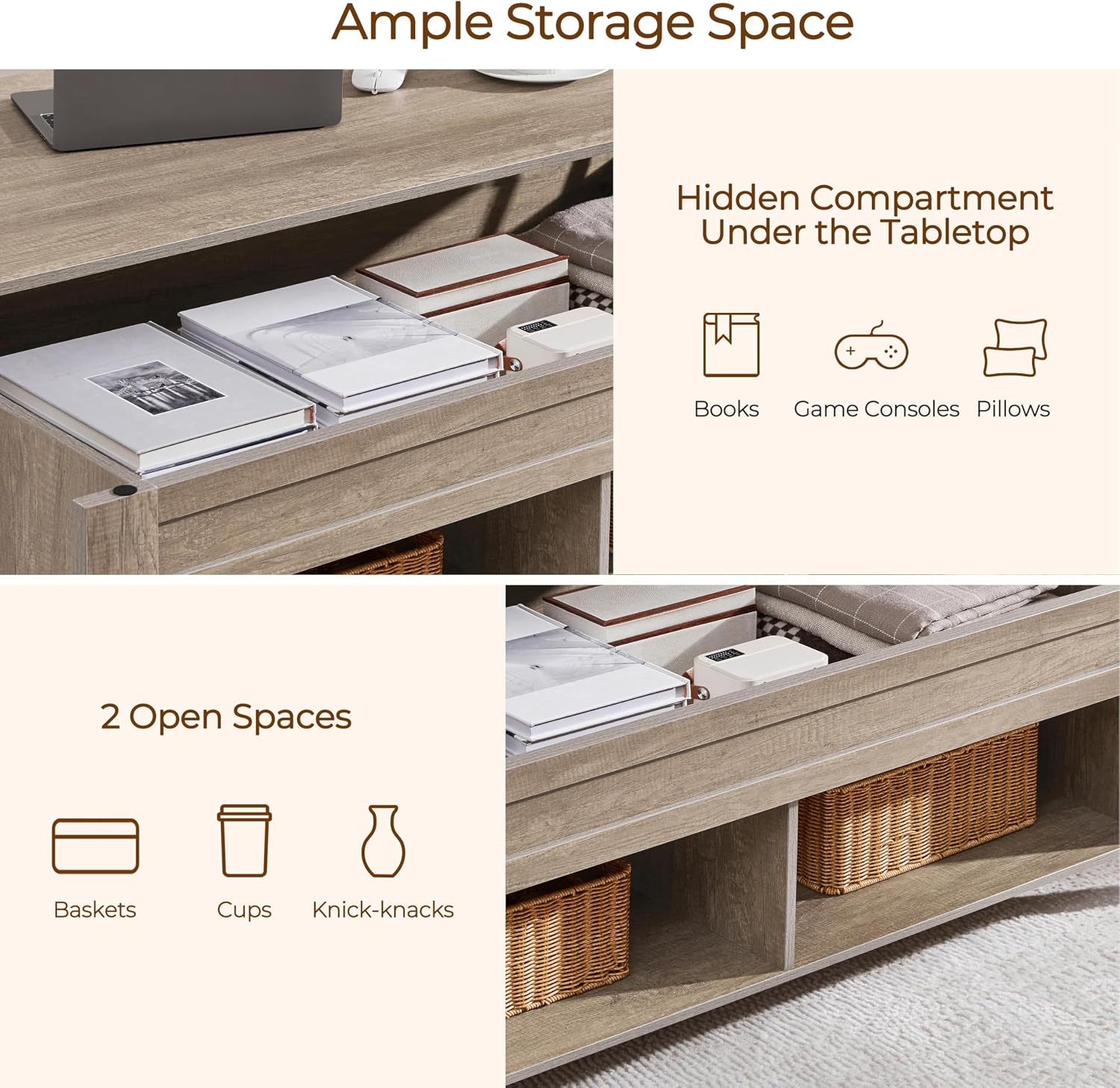 Yaheetech Lift Top Coffee Table with Hidden Storage Compartment Gray 47.5in