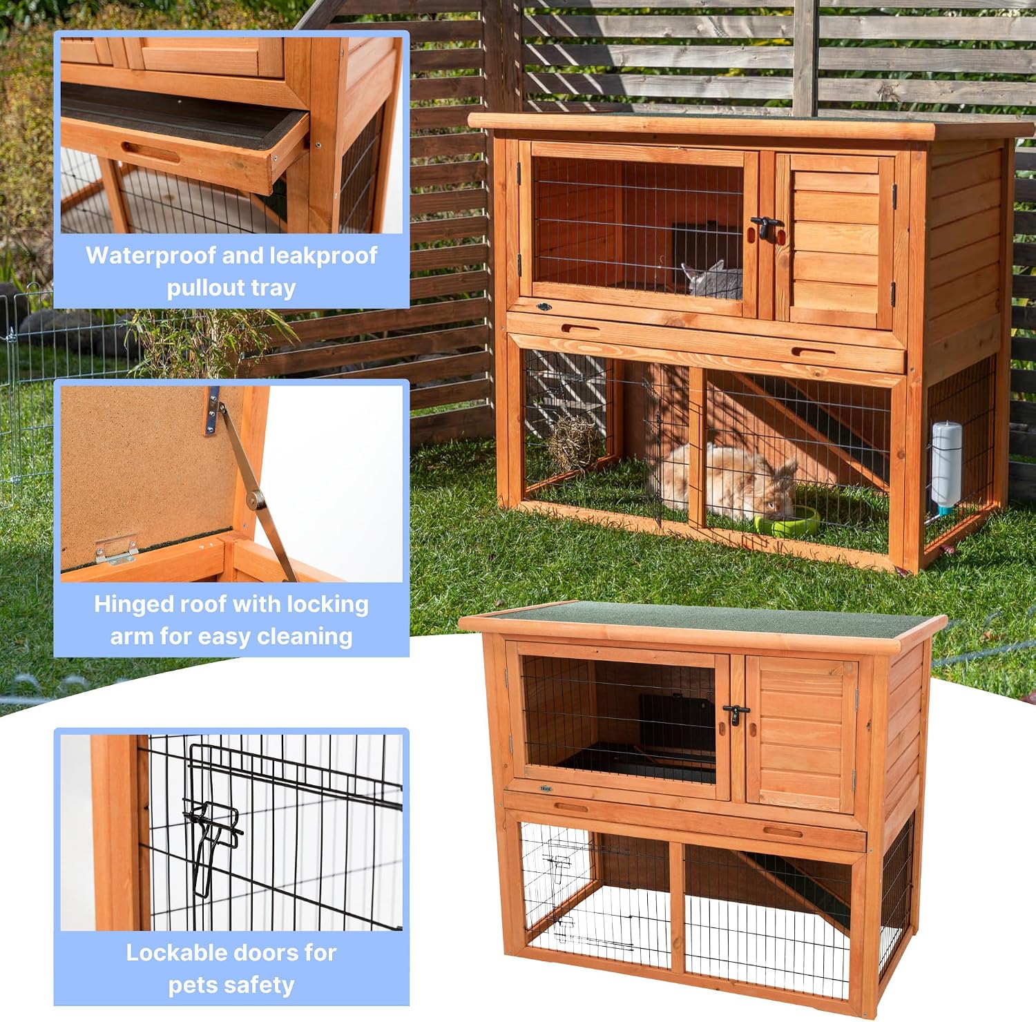 TRIXIE natura Outdoor Rabbit Hutch with Run - 2-Story Rabbit Cage with Non-Slip Ramp - Medium Elevated Small Animal House with Secure Playpen, Hinged Roof & Pull-Out Tray - in Brown