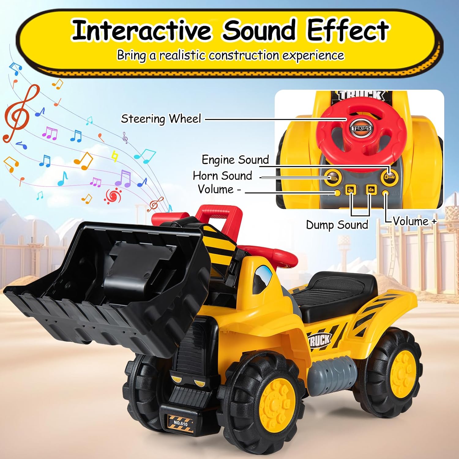 Costzon Ride on Excavator, Ride on Construction Vehicles w/Helmet, 3 Toy Stones, Realistic Sound, Adjustable Bucket & Under Seat Storage, Bulldozer Ride on Toy Gift for Kids Boys & Girls