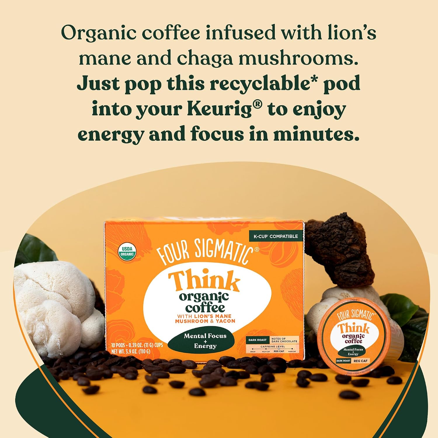 Four Sigmatic Mushroom Coffee K-Cups | Organic Dark Roast Coffee with Lion’s Mane Mushroom Powder & Yacon | Focus & Immune Support | Vegan & Keto