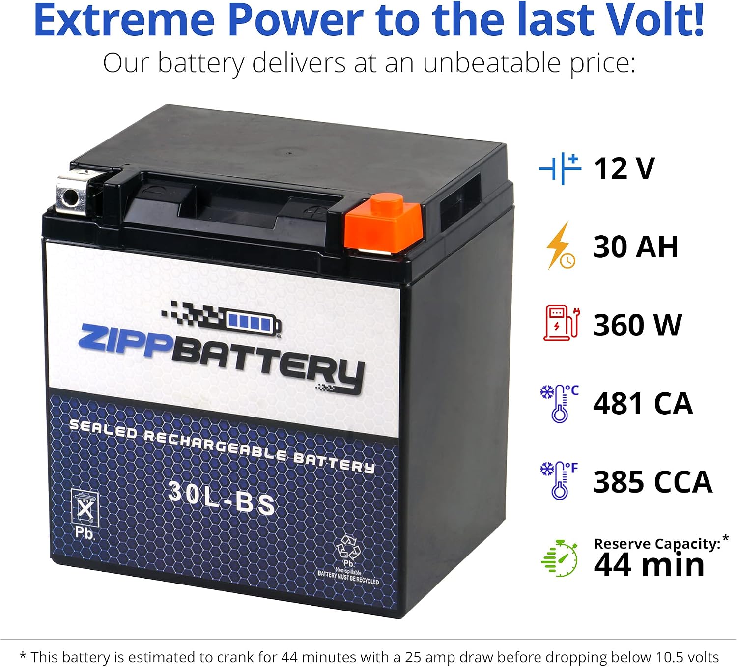 ZIPPBATTERY YTX30L-BS 12V 385 CCA AGM – Maintenance-Free 30Ah Battery for Harley, ATV, UTV, Jet Ski – T3 Nut & Bolt Terminal – Fits Harley Road King, Polaris Sportsman 850, Can-Am Outlander