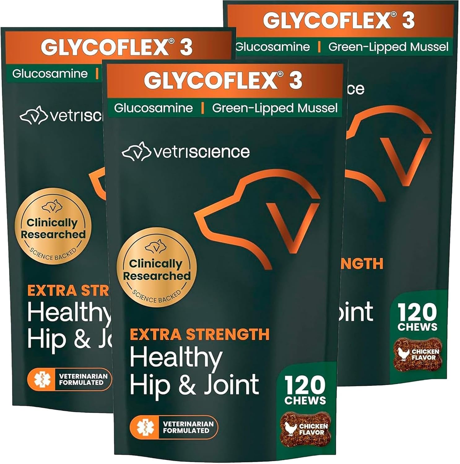 VetriScience Extra Strength Hip & Joint Supplement for Dogs – Supports Joint Health & Mobility, Vet-formulated w/Glucosamine, MSM & Green-Lipped Mussel – Chicken Flavor, 120 Chews