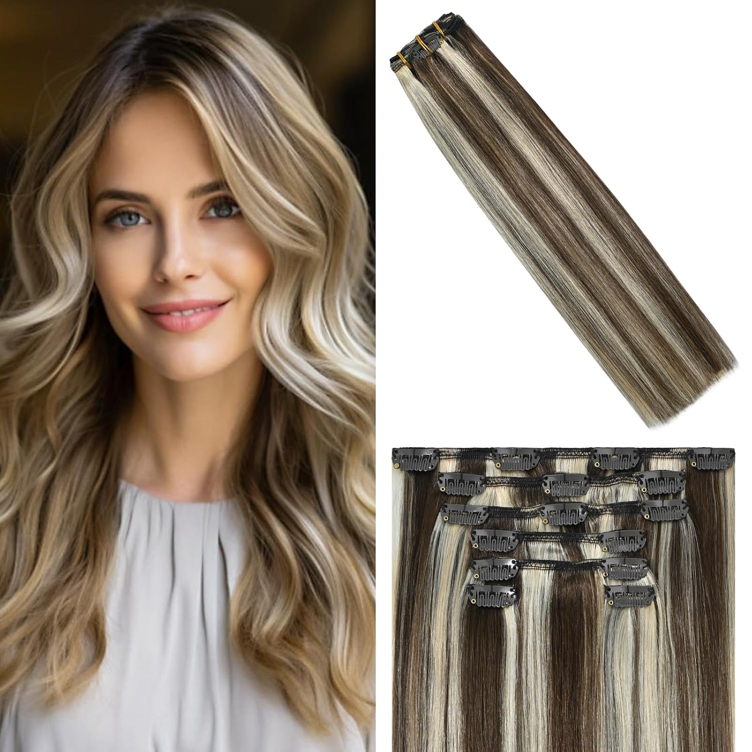 WindTouch Clip In Hair Extensions Human Hair Mixed Bleach Blonde 18Inch 75g Hair Extensions for Women Remy Blonde Extensions Clip in #18p613 7PCS