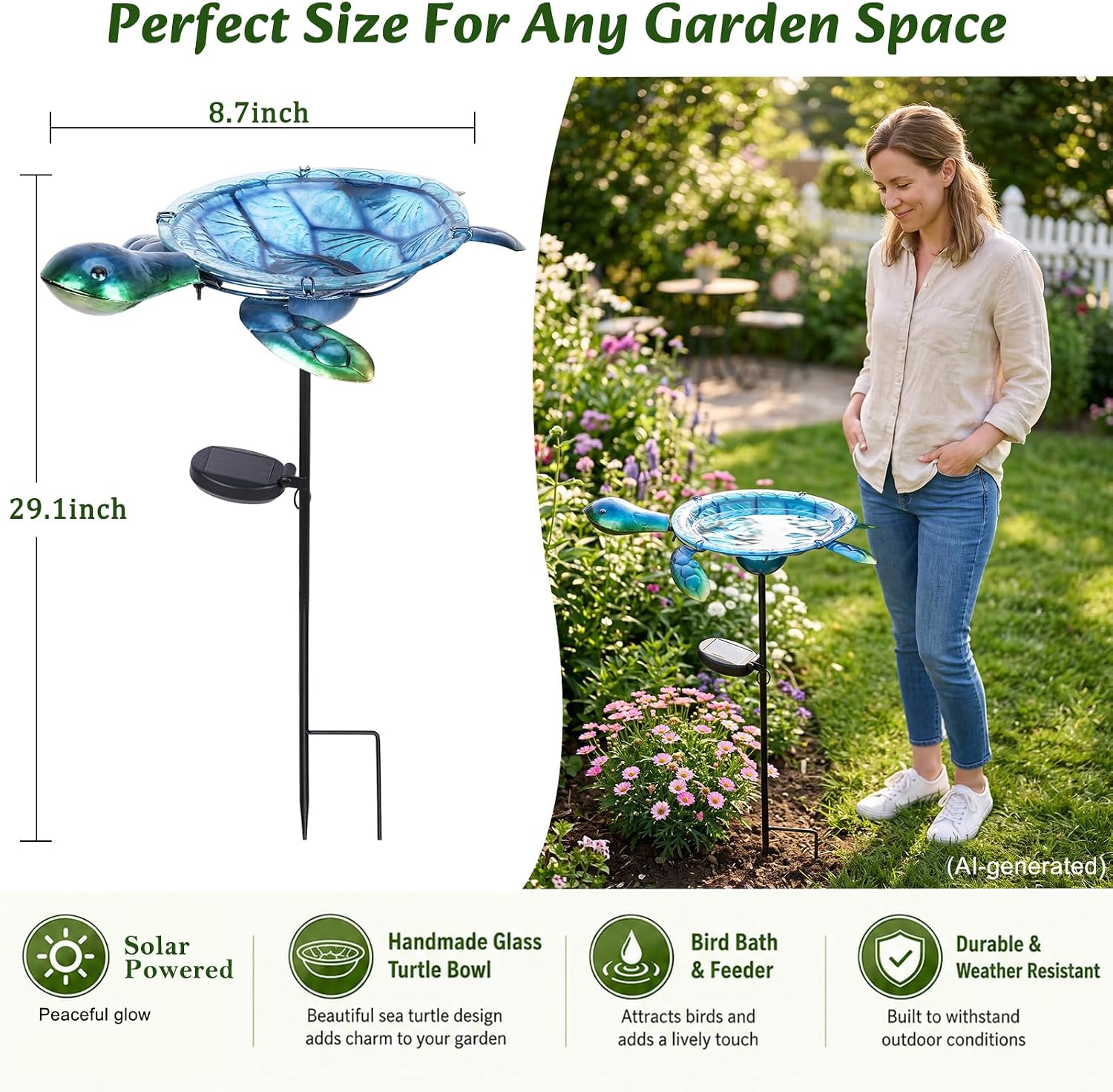MUMTOP Outdoor Bird Bath Solar Birdbath Garden Feeder with Metal Stake,Blue