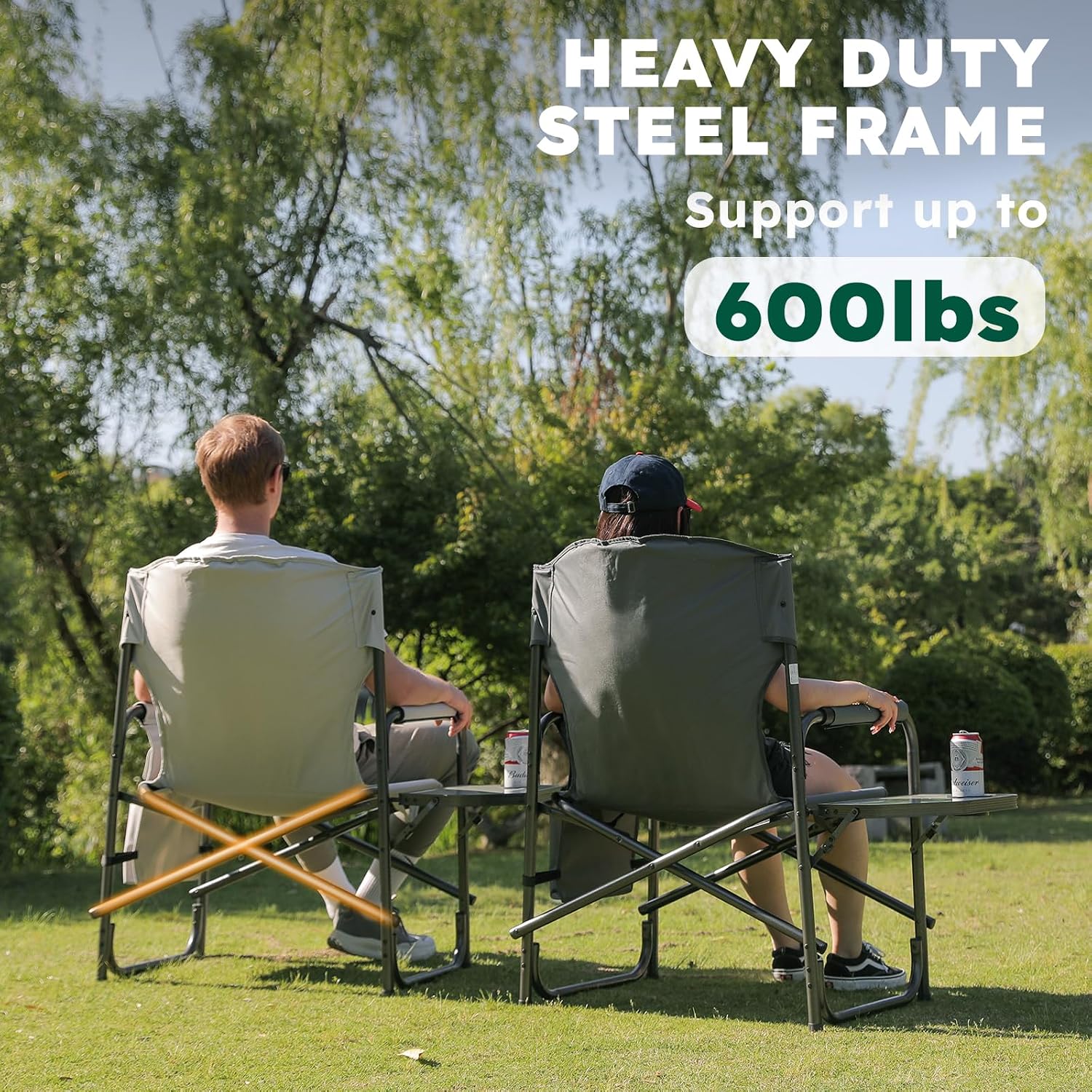 Colegence Oversized Directors Camping Chair for Adults, 600 lb, Black | Heavy duty folding outdoor chair with 28" wide seat, supportive back, side table, cup holder and detachable storage pocket