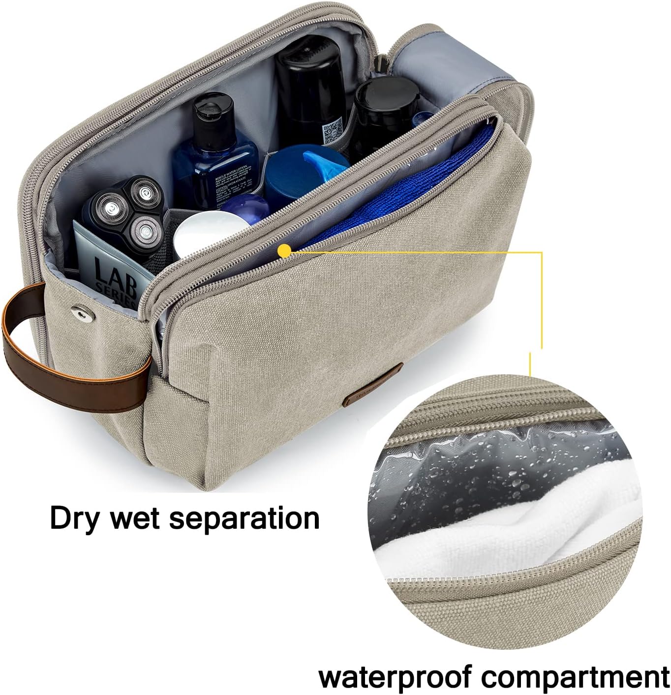 BAGSMART Toiletry Bag for Men, Canvas Travel Toiletry Organizer Dopp Kit Water-resistant Shaving Bag for Toiletries Accessories,Grey-Medium