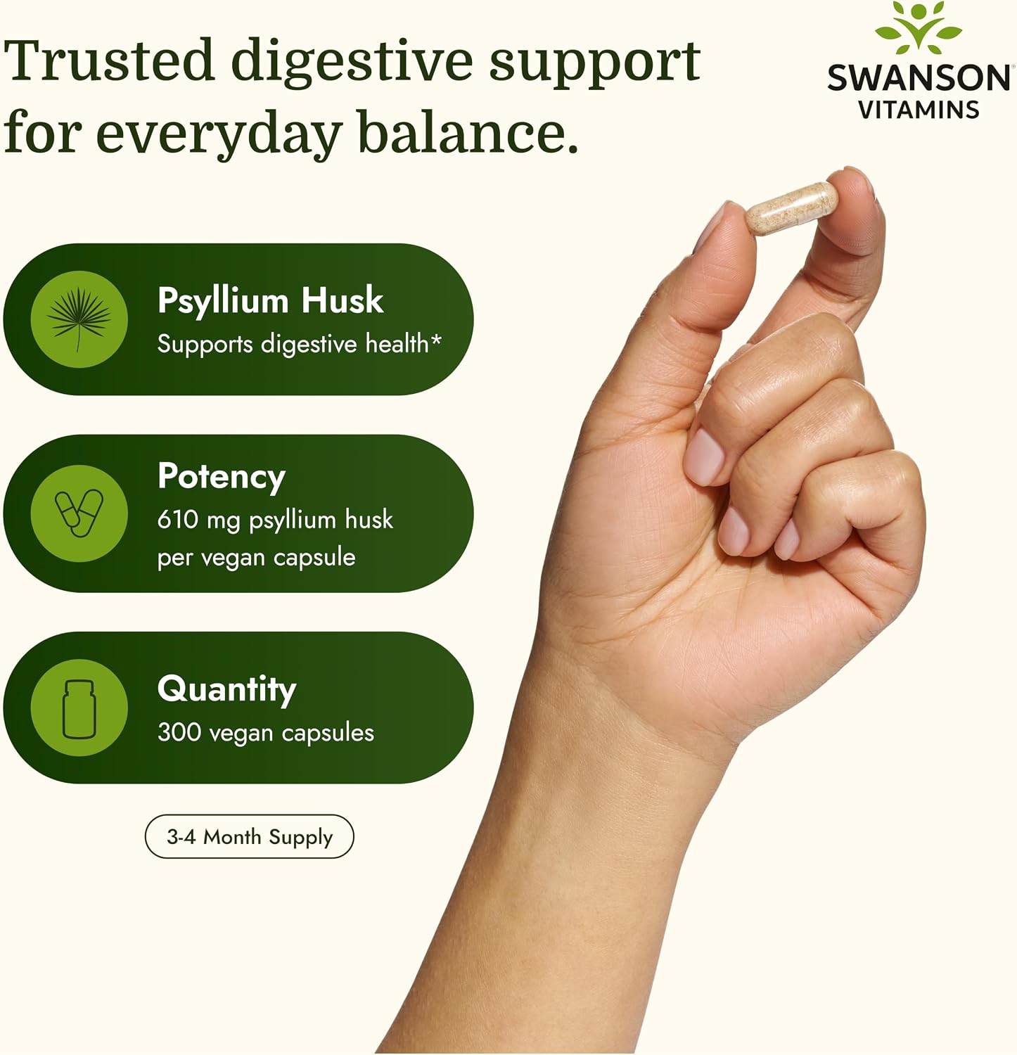 Swanson Psyllium Husk Dietary Fiber Supplement, 610 mg, 300 Capsules | Promotes Overall Health and Easier Elimination, Supports a Feeling of Fullness and Satiation, Plant-Based Dietary Fiber