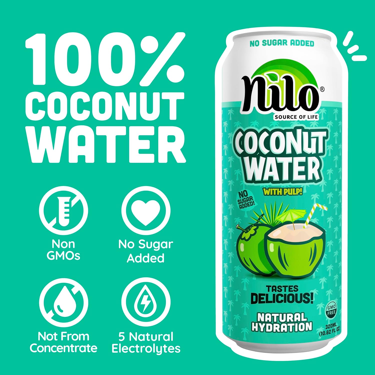 NILO 100% Pure Coconut Water | NO Sugar added | GMO FREE | NOT from Concentrate | 10.8 oz (Pack of 12)