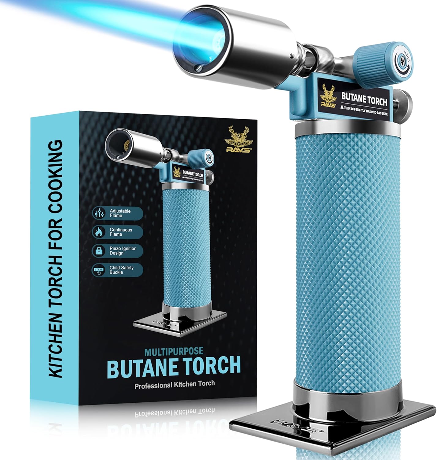 RAVS Butane Torch Lighter, Premium Metal Kitchen Torch with Adjustable Flame & Safety Buckle, Refillable Creme Brulee Torch for Baking, BBQ, DIY